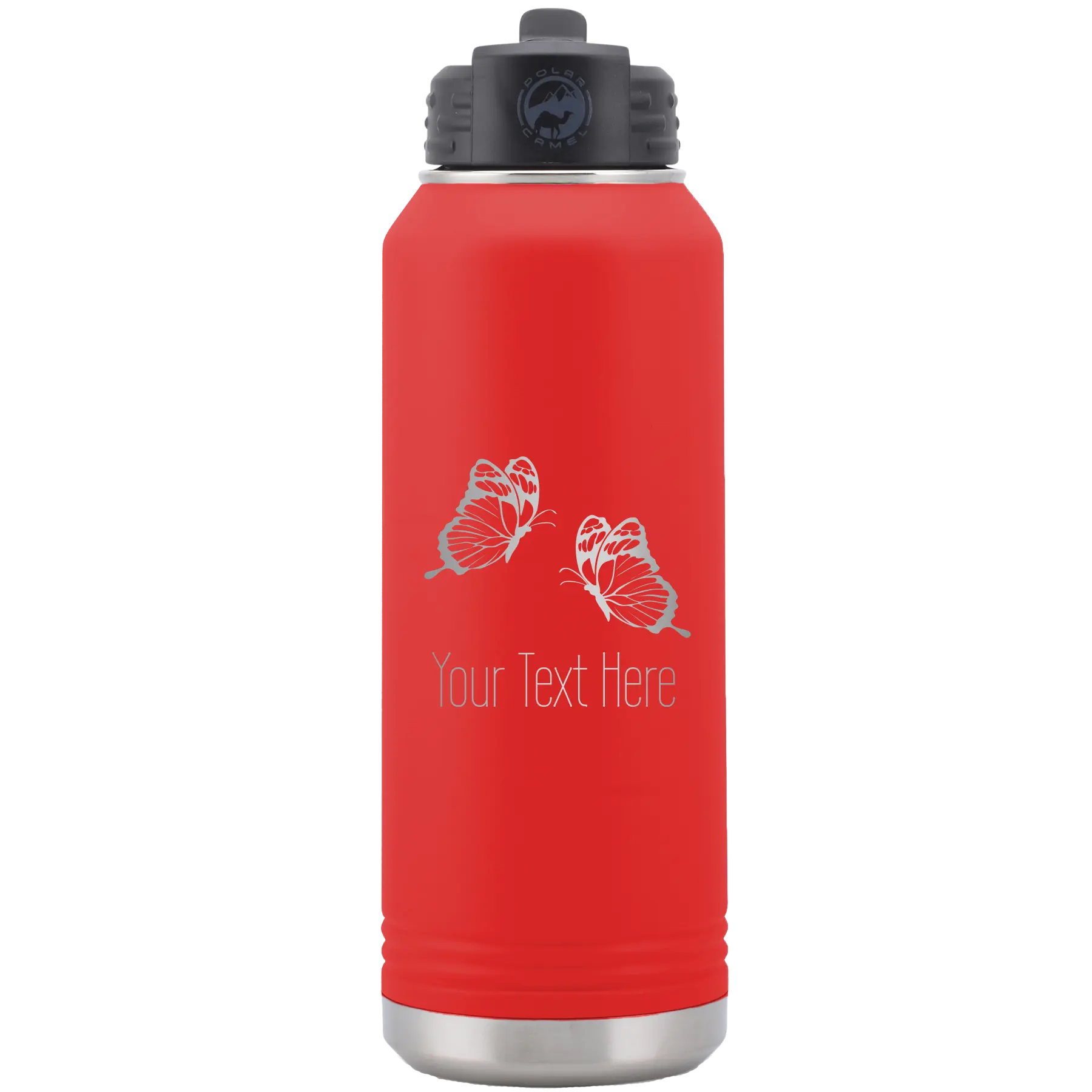 Personalized red 32 oz vacuum insulated water bottle with 'Butterflies' design