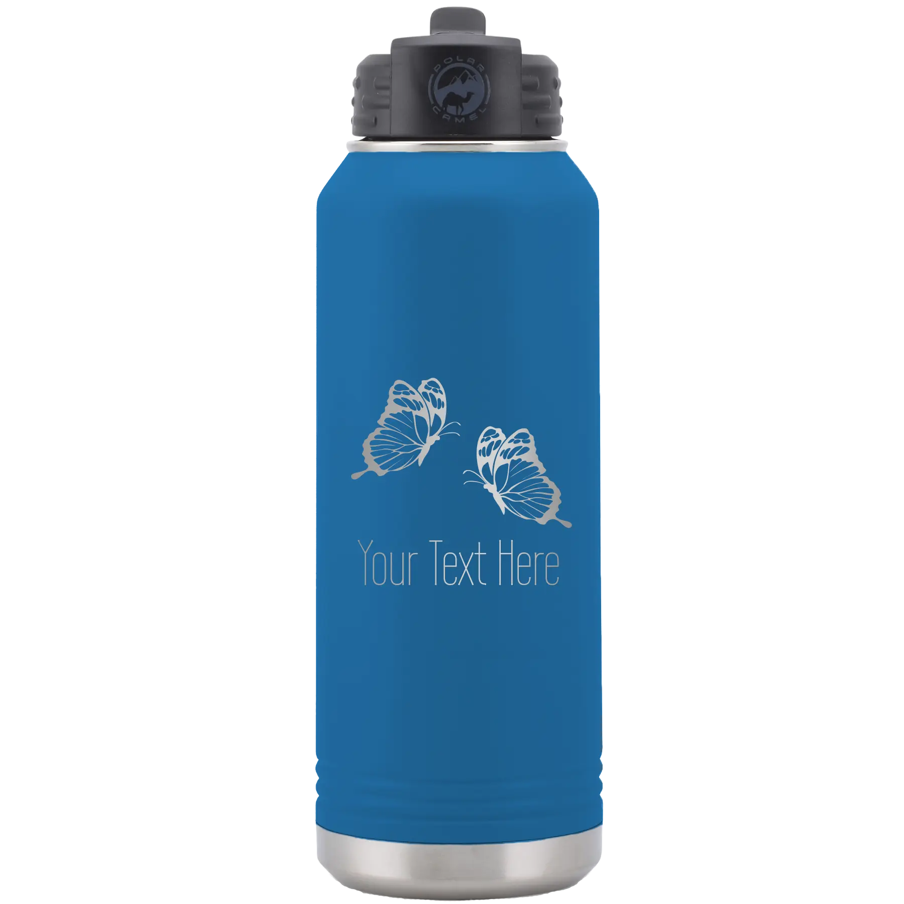 Personalized royal blue 32 oz vacuum insulated water bottle with 'Butterflies' design