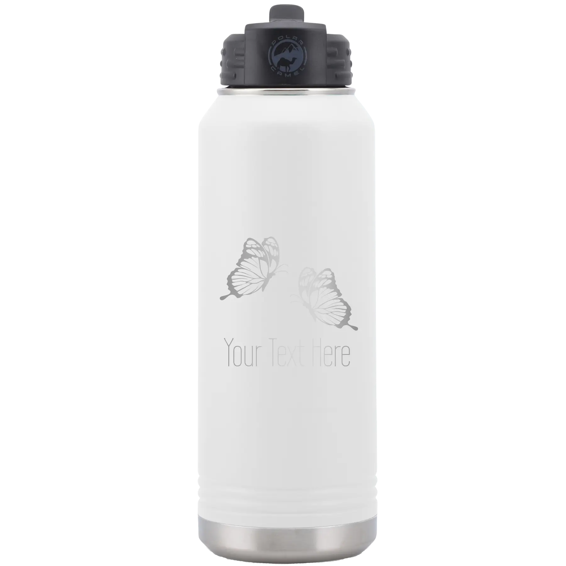 Personalized white 32 oz vacuum insulated water bottle with 'Butterflies' design