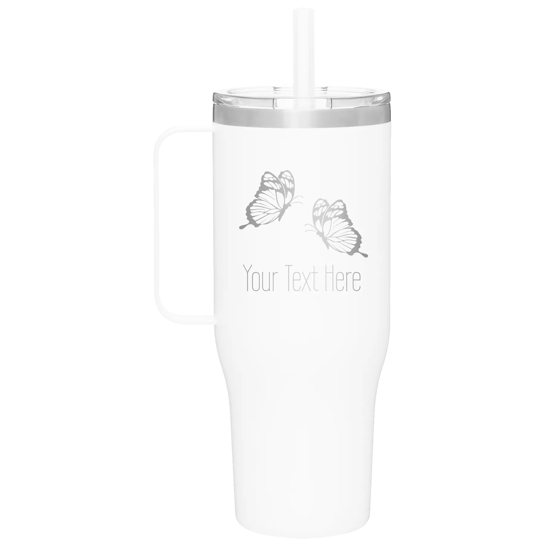 Personalized white 40 oz vacuum insulated tumbler mug with 'Butterflies' design