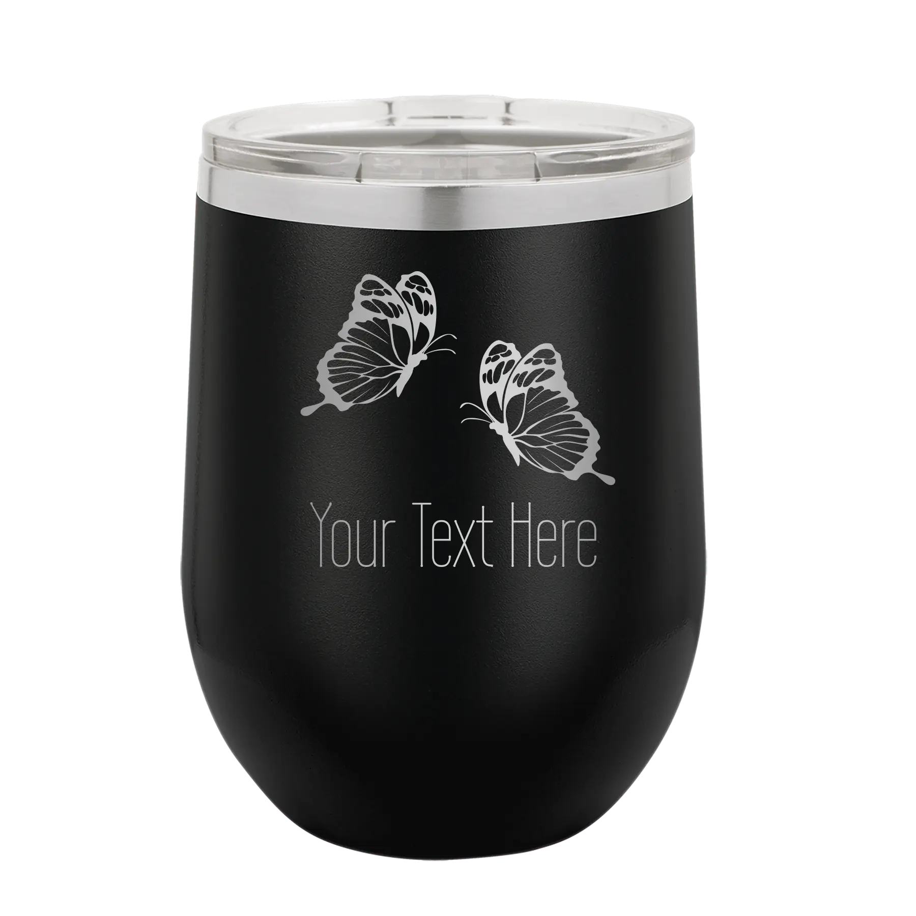 Personalized black 12 oz vacuum insulated wine cup with 'Butterflies' design