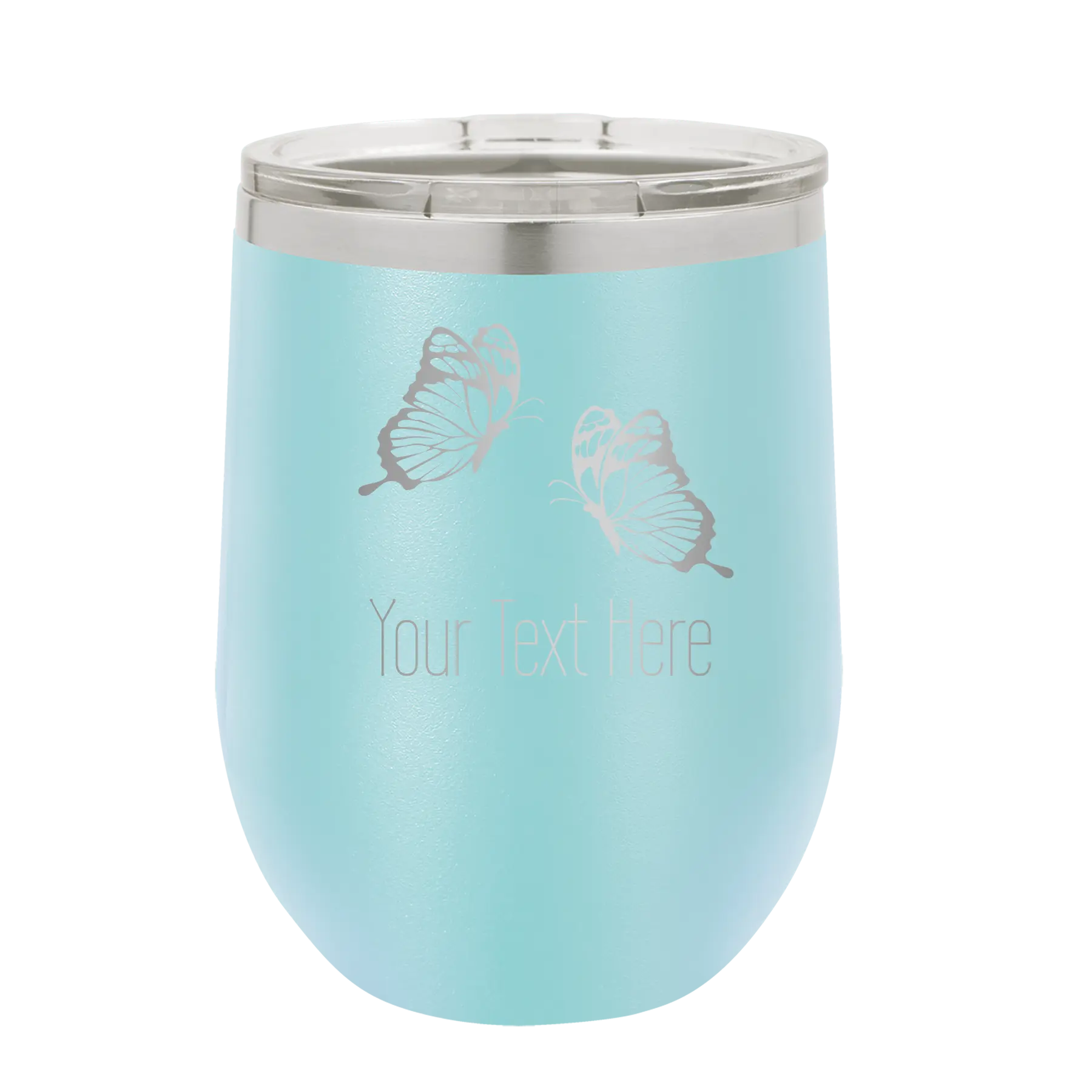 Personalized light blue 12 oz vacuum insulated wine cup with 'Butterflies' design