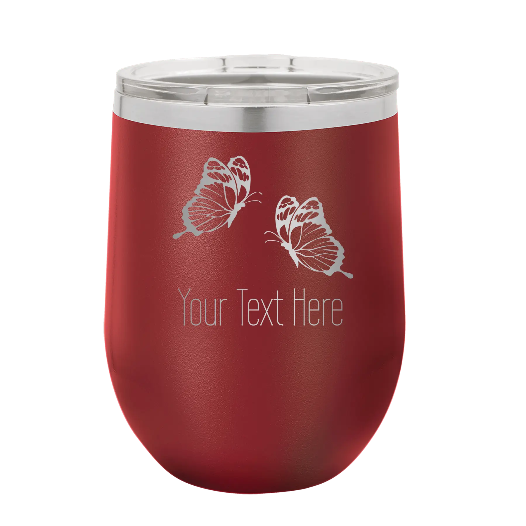 Personalized maroon 12 oz vacuum insulated wine cup with 'Butterflies' design
