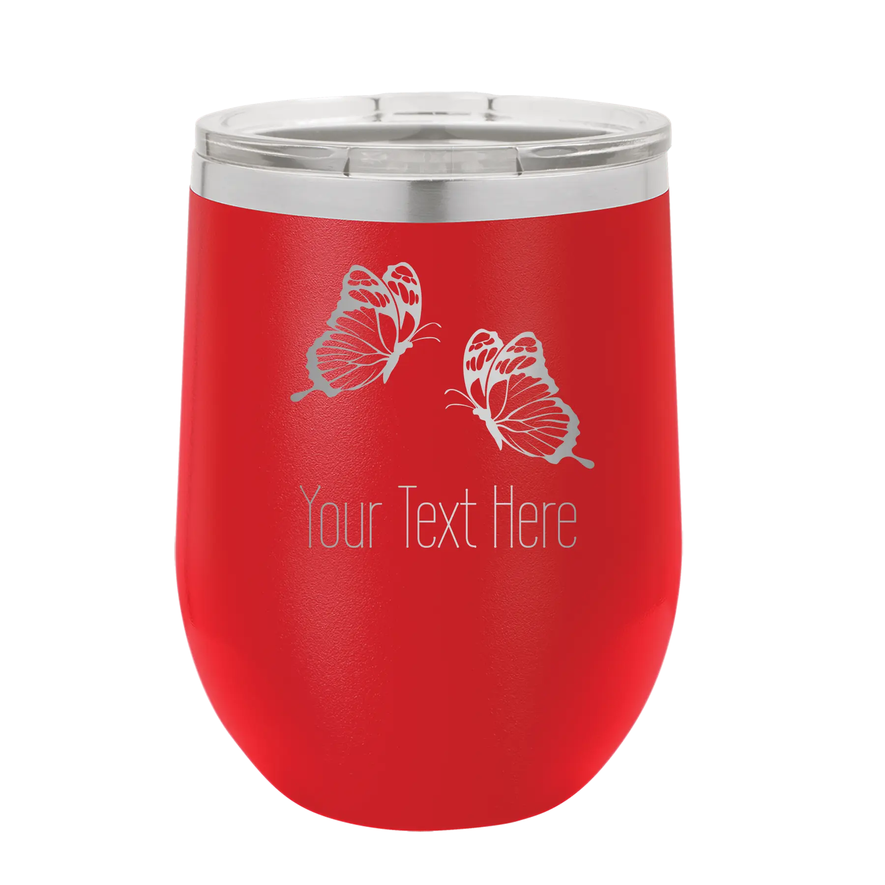 Personalized red 12 oz vacuum insulated wine cup with 'Butterflies' design