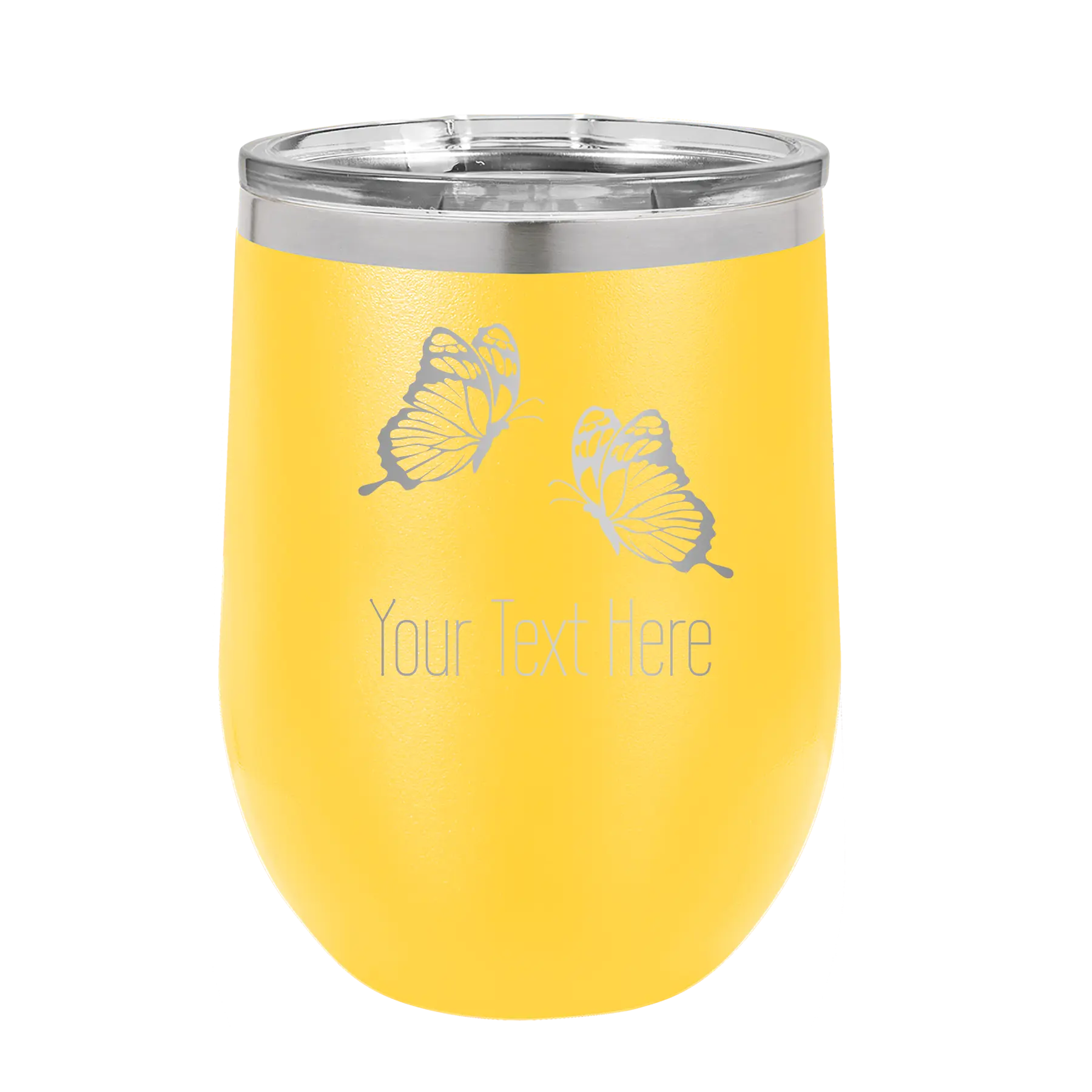 Personalized yellow 12 oz vacuum insulated wine cup with 'Butterflies' design