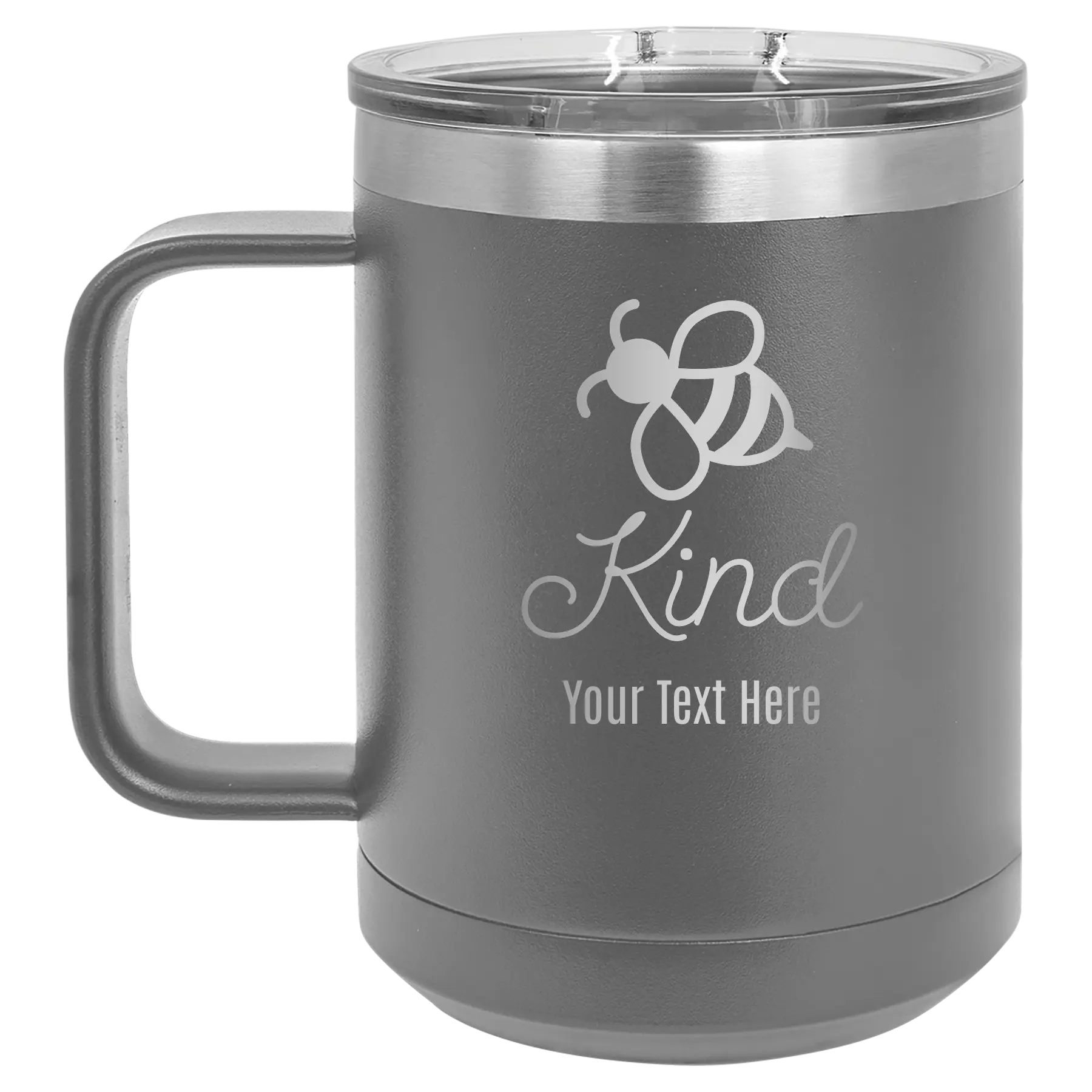 Personalized dark gray 15 oz vacuum insulated coffee mug with 'Bee Kind' design