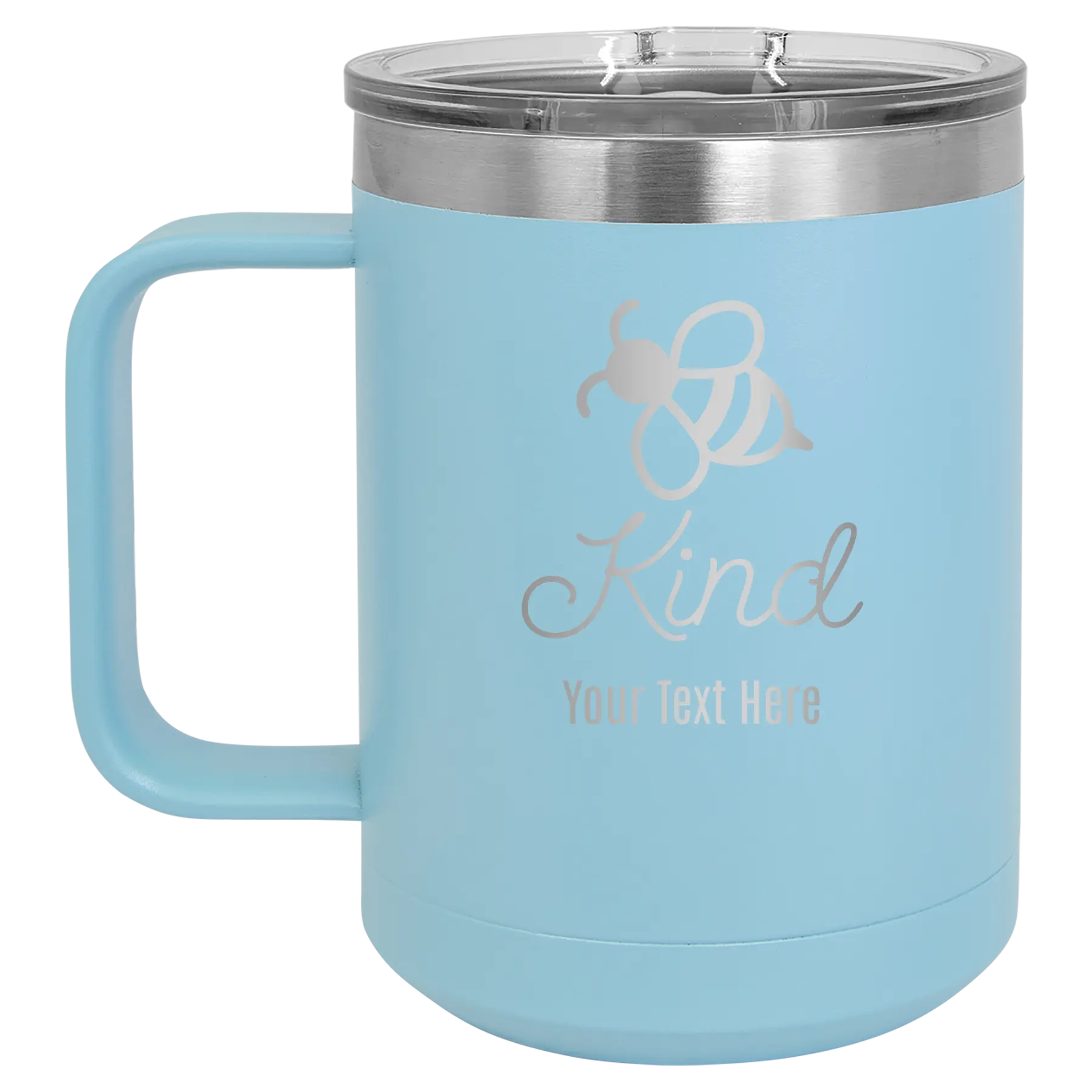 Personalized light blue 15 oz vacuum insulated coffee mug with 'Bee Kind' design