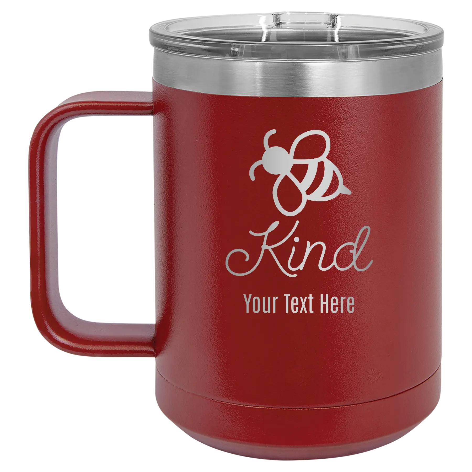 Personalized maroon 15 oz vacuum insulated coffee mug with 'Bee Kind' design