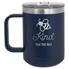 Personalized navy 15 oz vacuum insulated coffee mug with 'Bee Kind' design