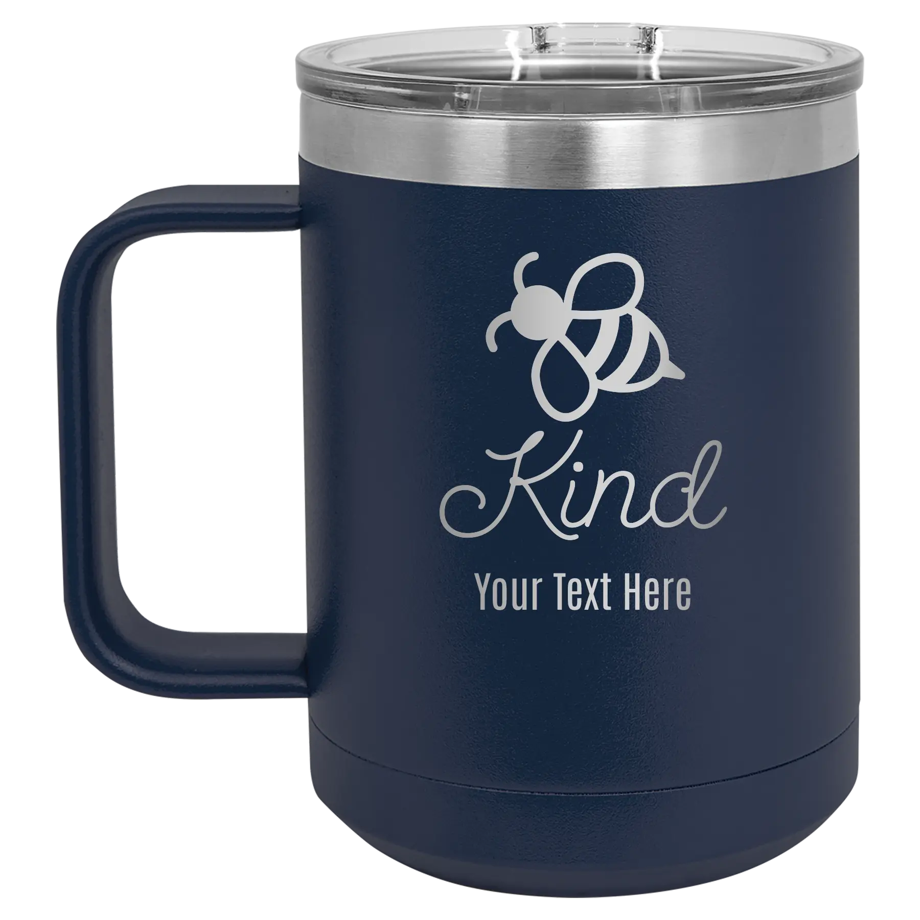 Personalized navy 15 oz vacuum insulated coffee mug with 'Bee Kind' design