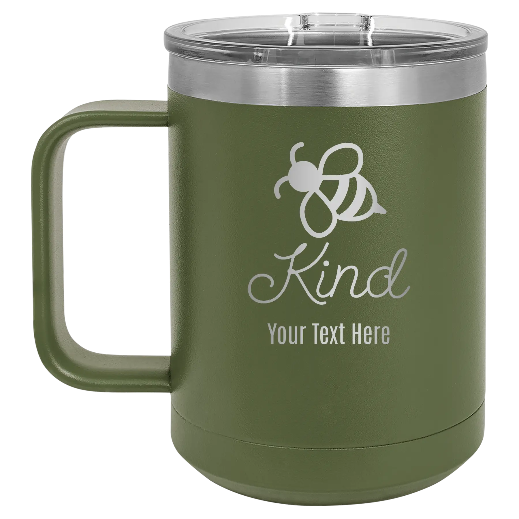 Personalized olive green 15 oz vacuum insulated coffee mug with 'Bee Kind' design
