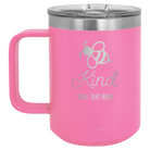 Personalized pink 15 oz vacuum insulated coffee mug with 'Bee Kind' design