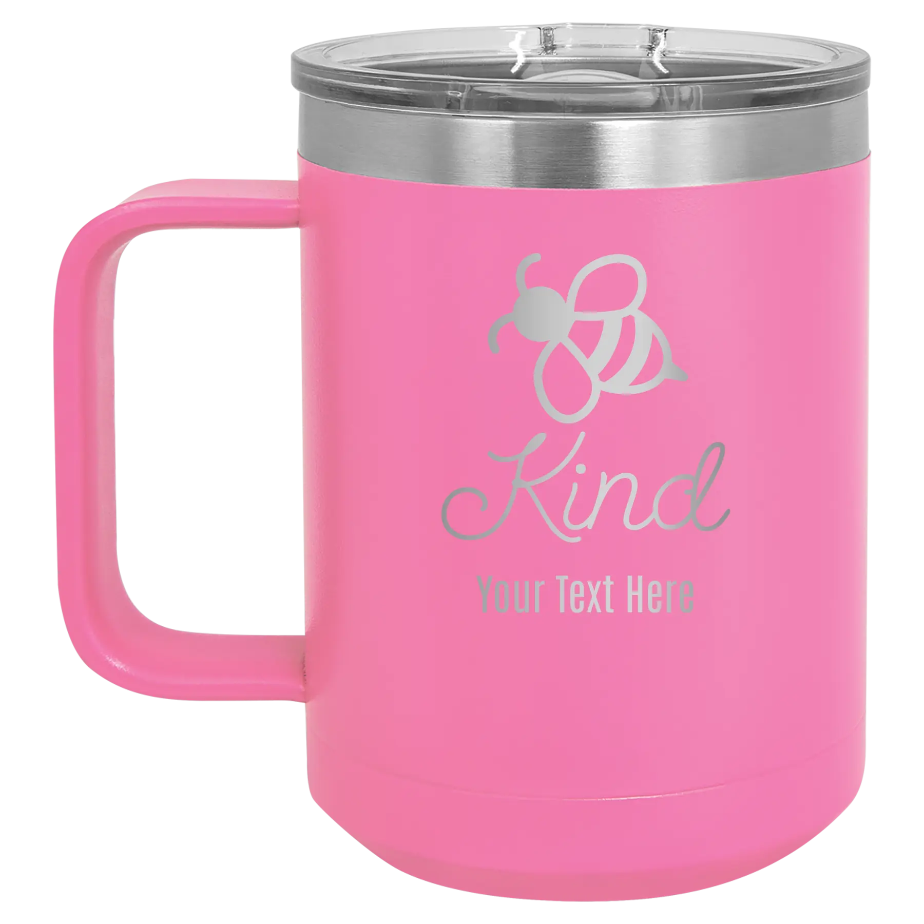 Personalized pink 15 oz vacuum insulated coffee mug with 'Bee Kind' design