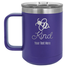 Personalized purple 15 oz vacuum insulated coffee mug with 'Bee Kind' design
