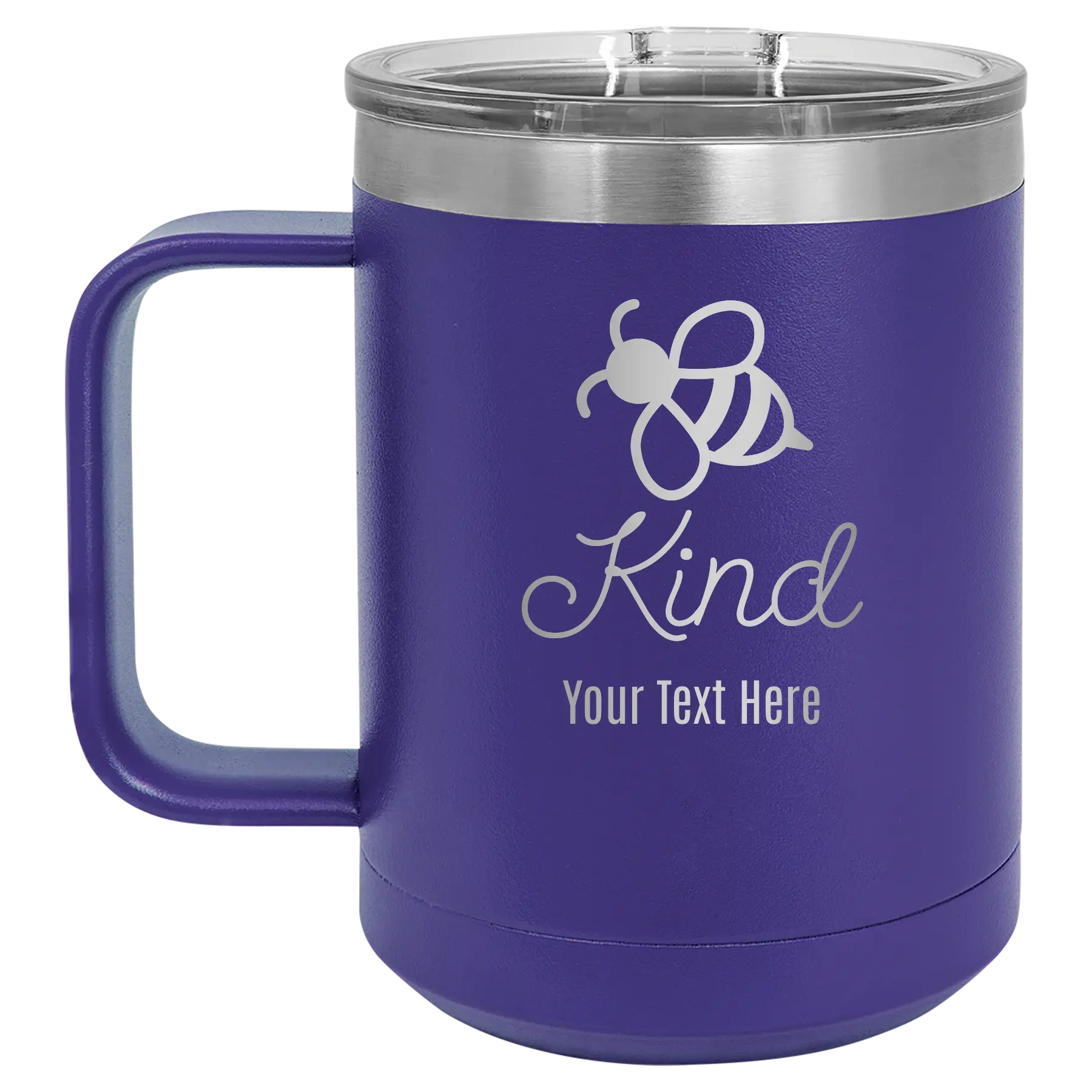 Personalized purple 15 oz vacuum insulated coffee mug with 'Bee Kind' design