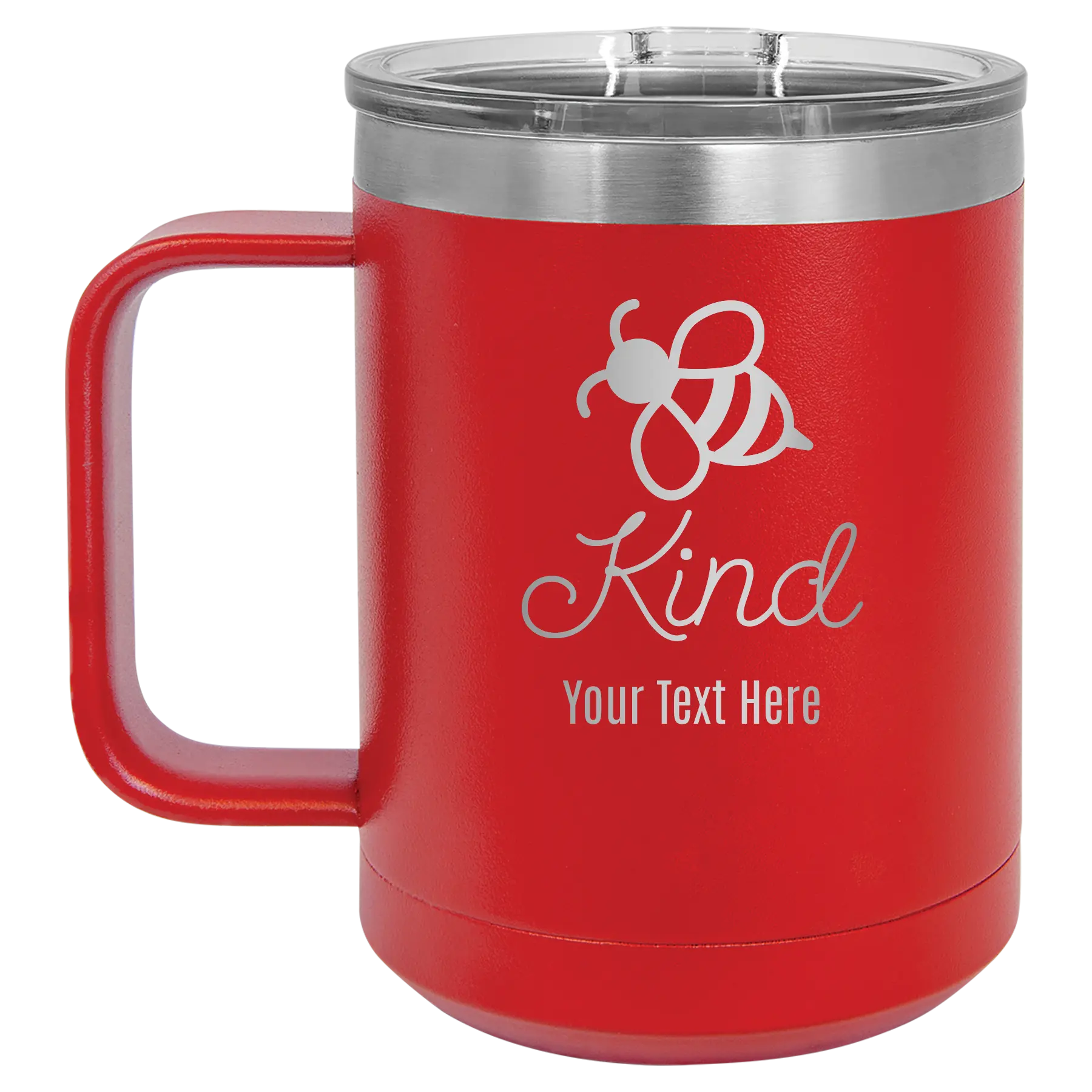 Personalized red 15 oz vacuum insulated coffee mug with 'Bee Kind' design