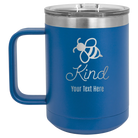 Personalized royal blue 15 oz vacuum insulated coffee mug with 'Bee Kind' design