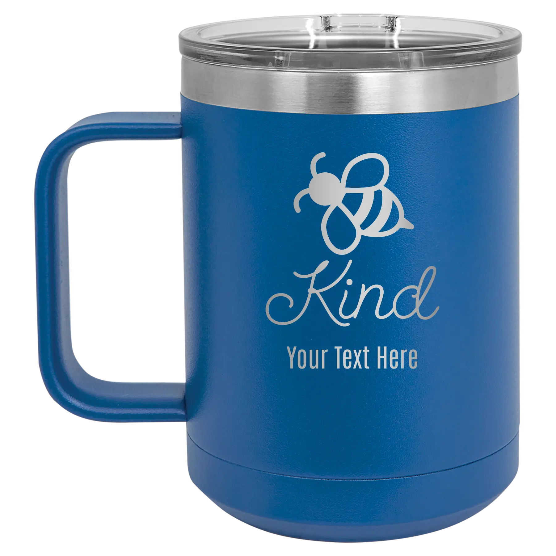 Personalized royal blue 15 oz vacuum insulated coffee mug with 'Bee Kind' design