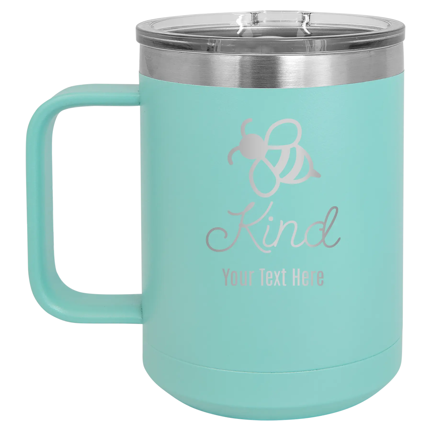 Personalized teal 15 oz vacuum insulated coffee mug with 'Bee Kind' design