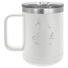 Personalized white 15 oz vacuum insulated coffee mug with 'Bee Kind' design