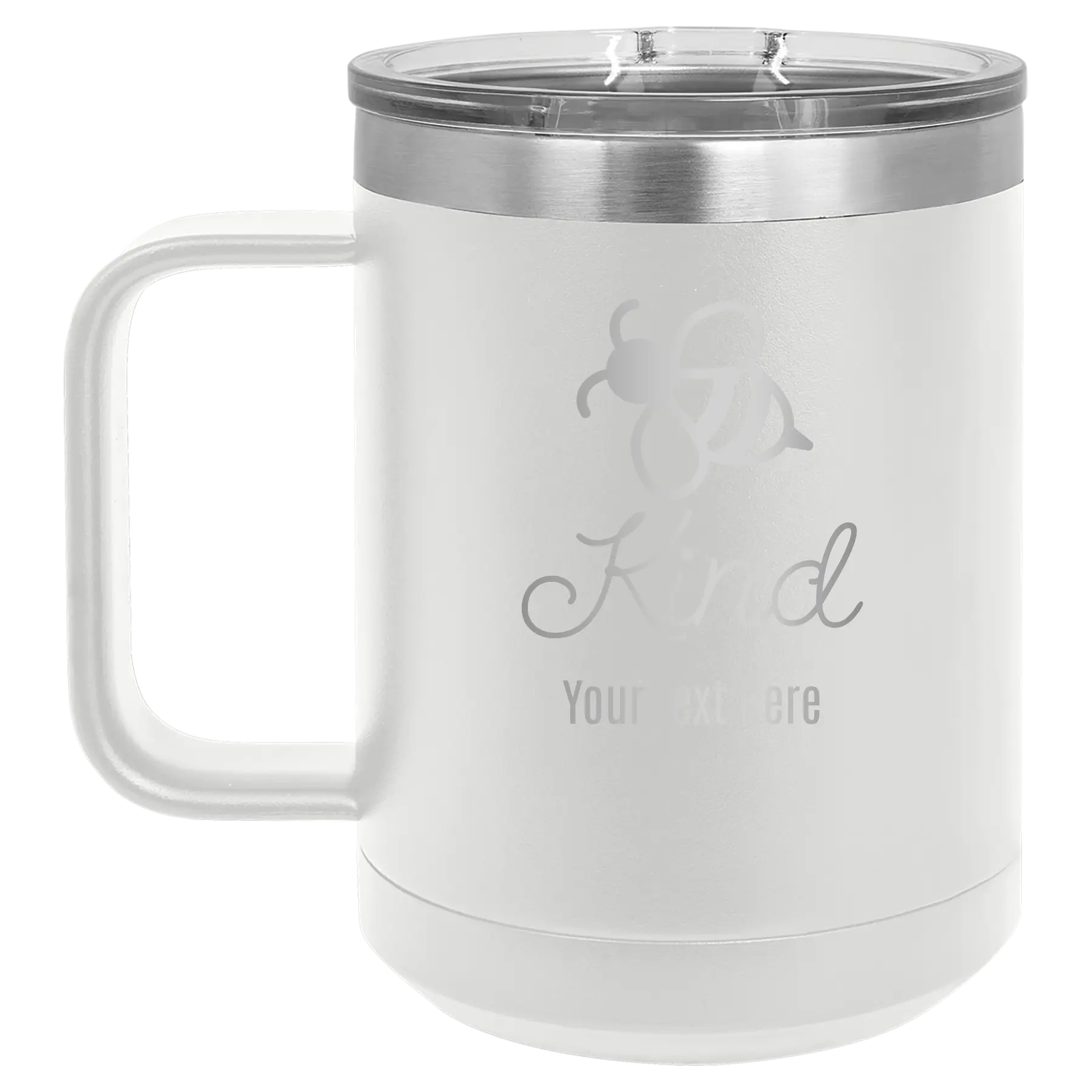Personalized white 15 oz vacuum insulated coffee mug with 'Bee Kind' design