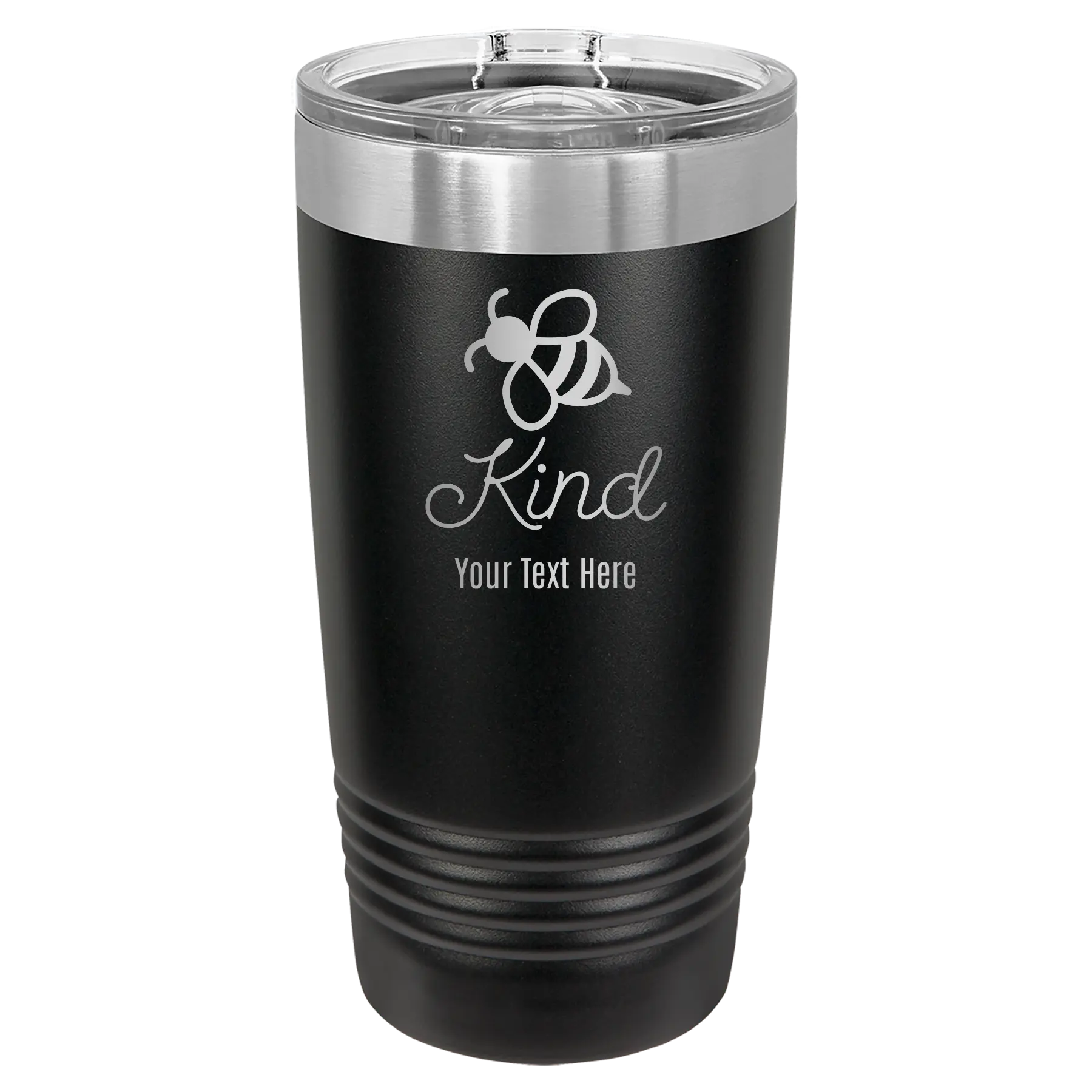 Personalized black 20 oz vacuum insulated tumbler with 'Bee Kind' design