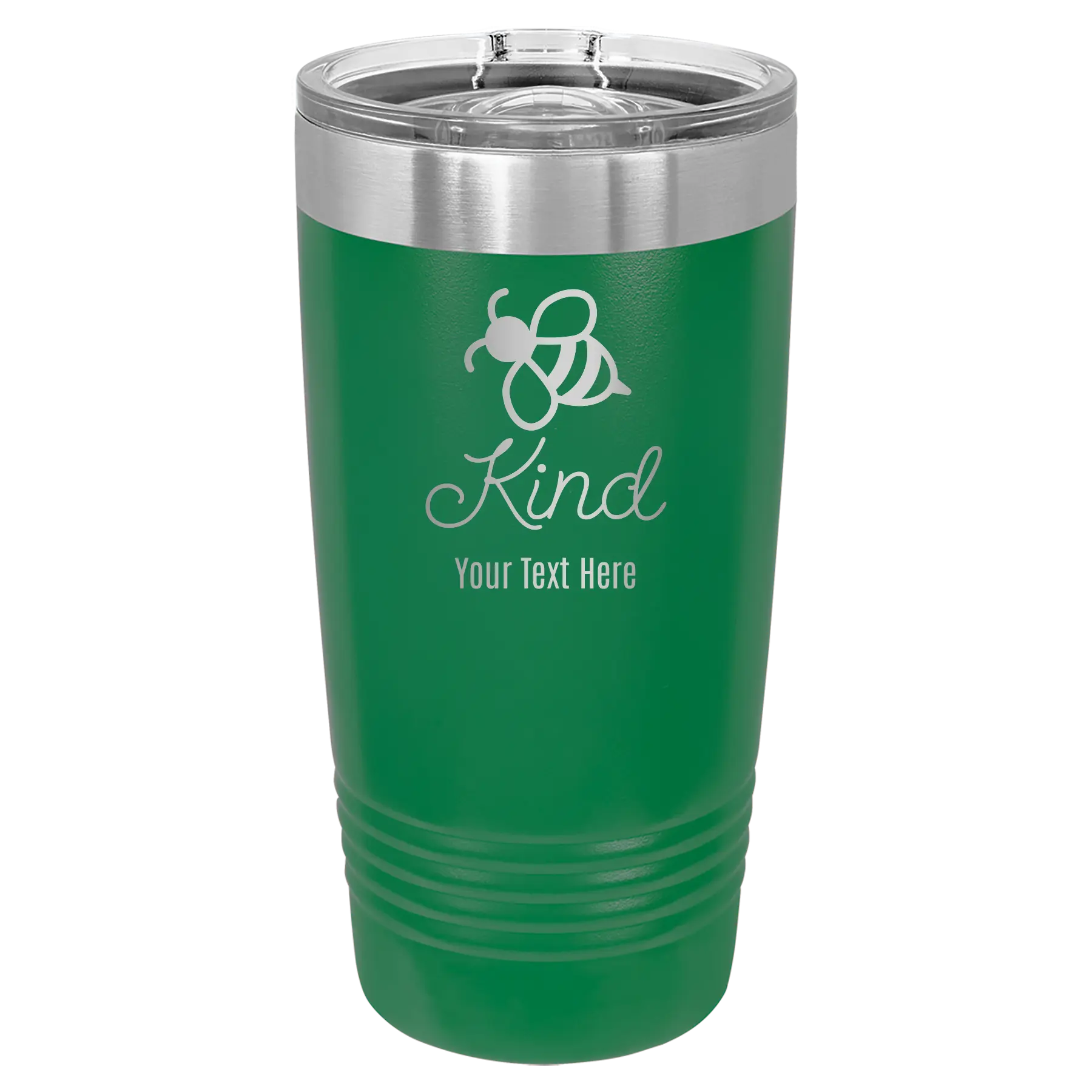 Personalized green 20 oz vacuum insulated tumbler with 'Bee Kind' design