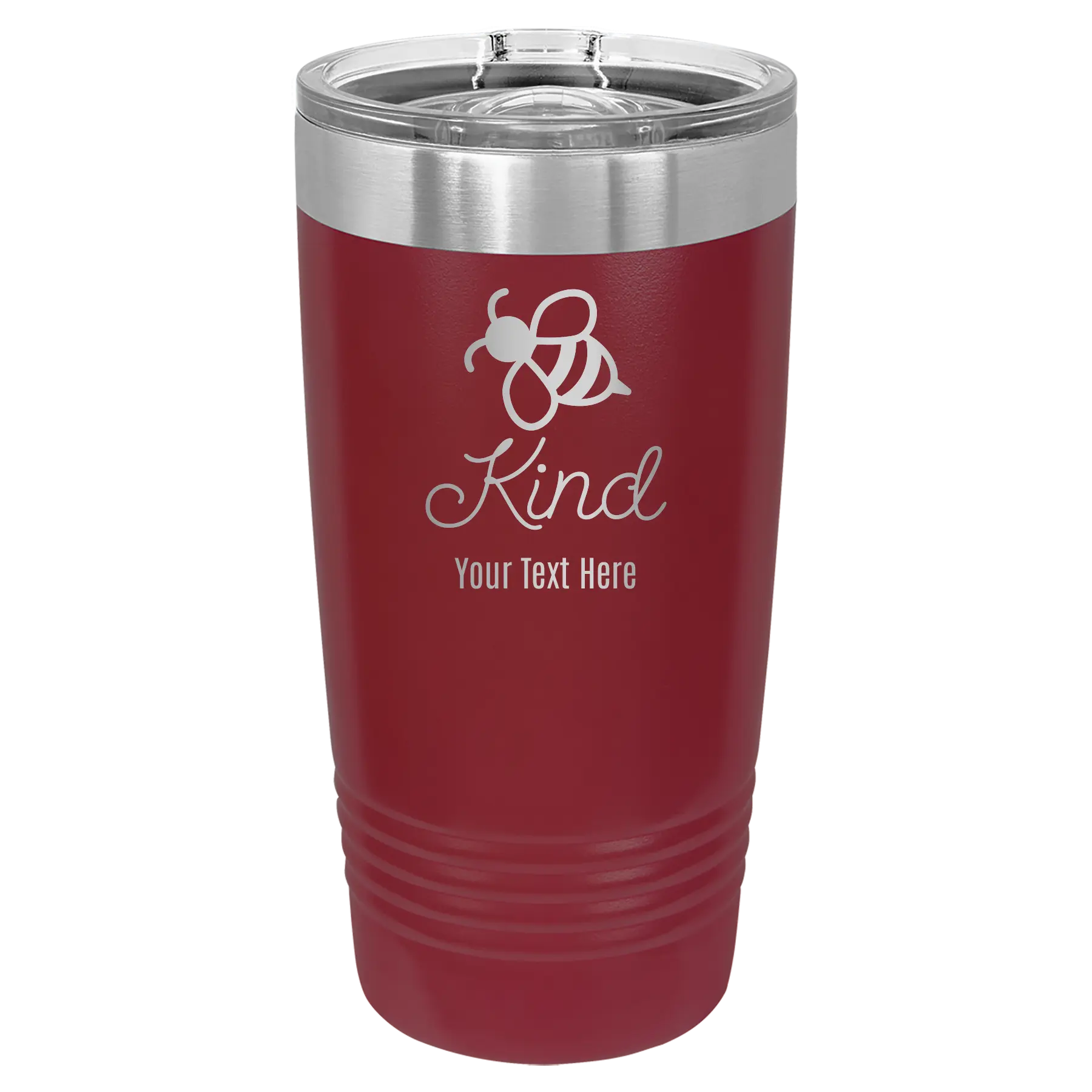 Personalized maroon 20 oz vacuum insulated tumbler with 'Bee Kind' design