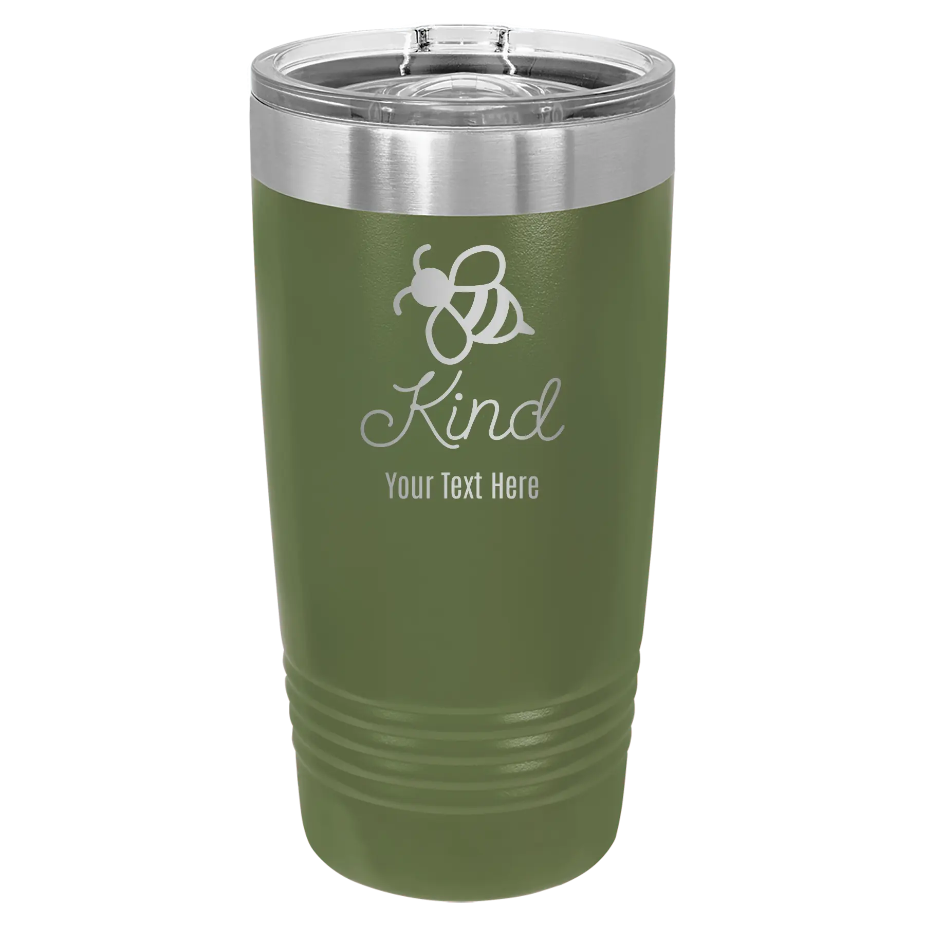 Personalized olive green 20 oz vacuum insulated tumbler with 'Bee Kind' design