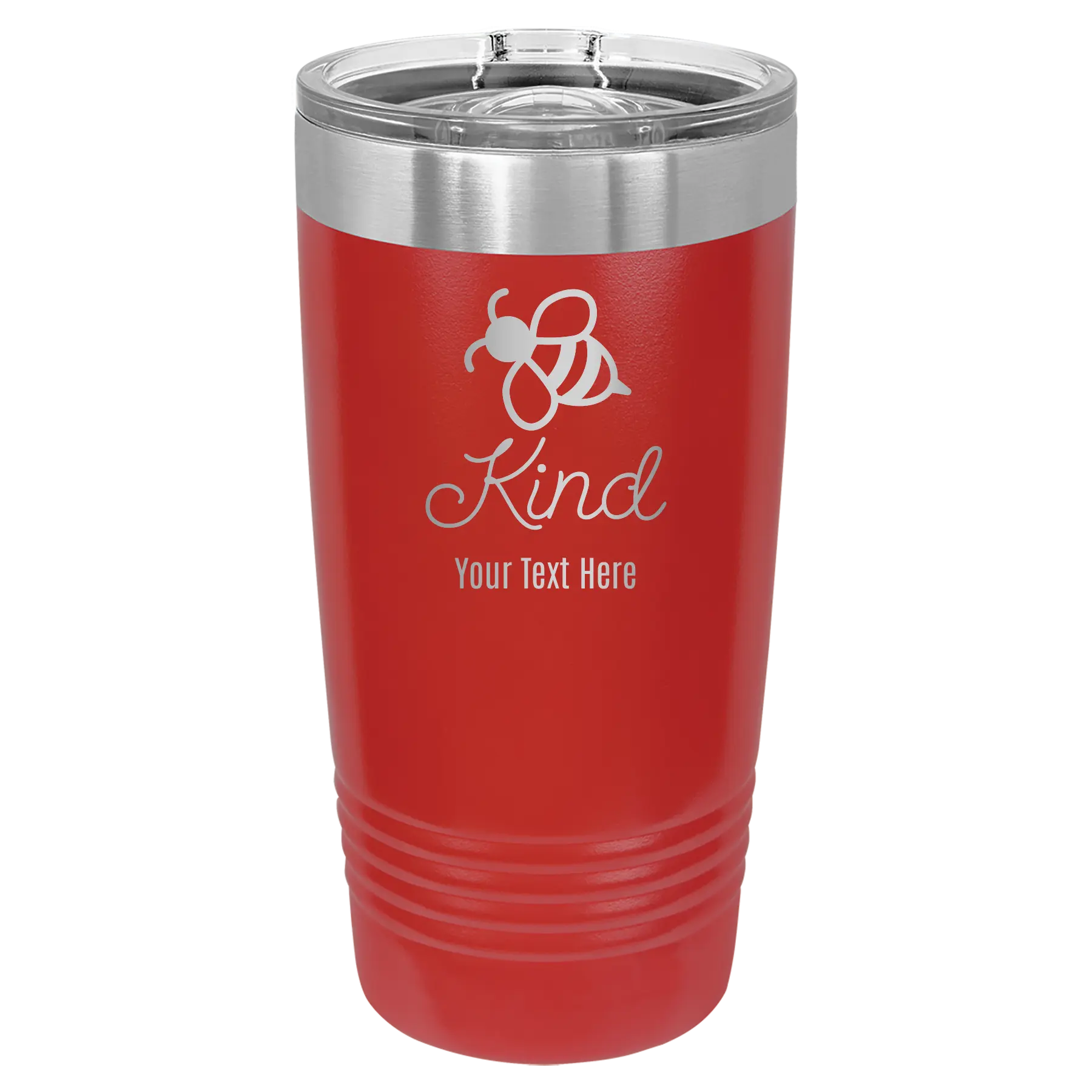 Personalized red 20 oz vacuum insulated tumbler with 'Bee Kind' design