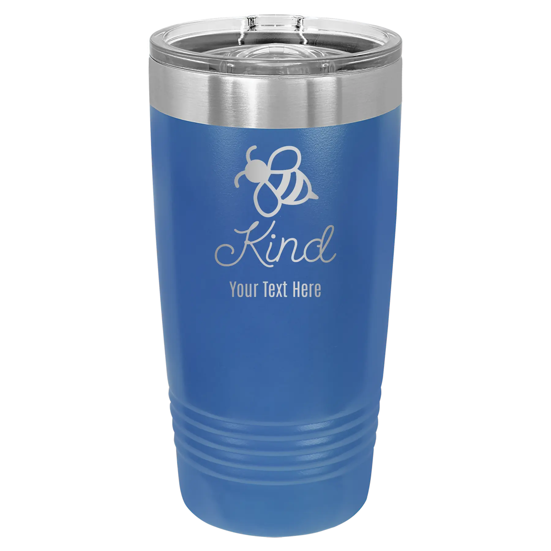 Personalized royal blue 20 oz vacuum insulated tumbler with 'Bee Kind' design