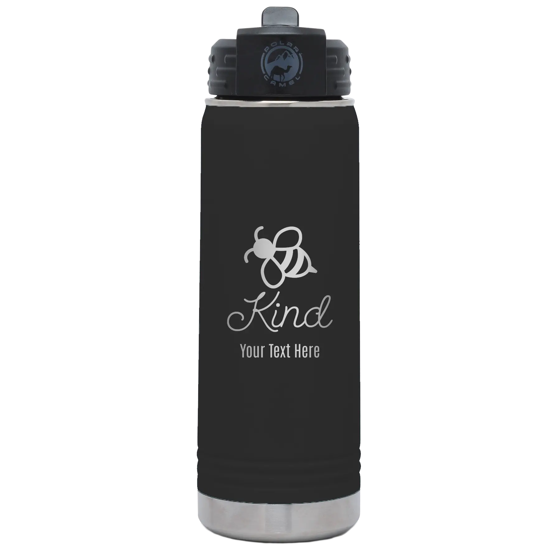 Personalized black 20 oz vacuum insulated water bottle with 'Bee Kind' design