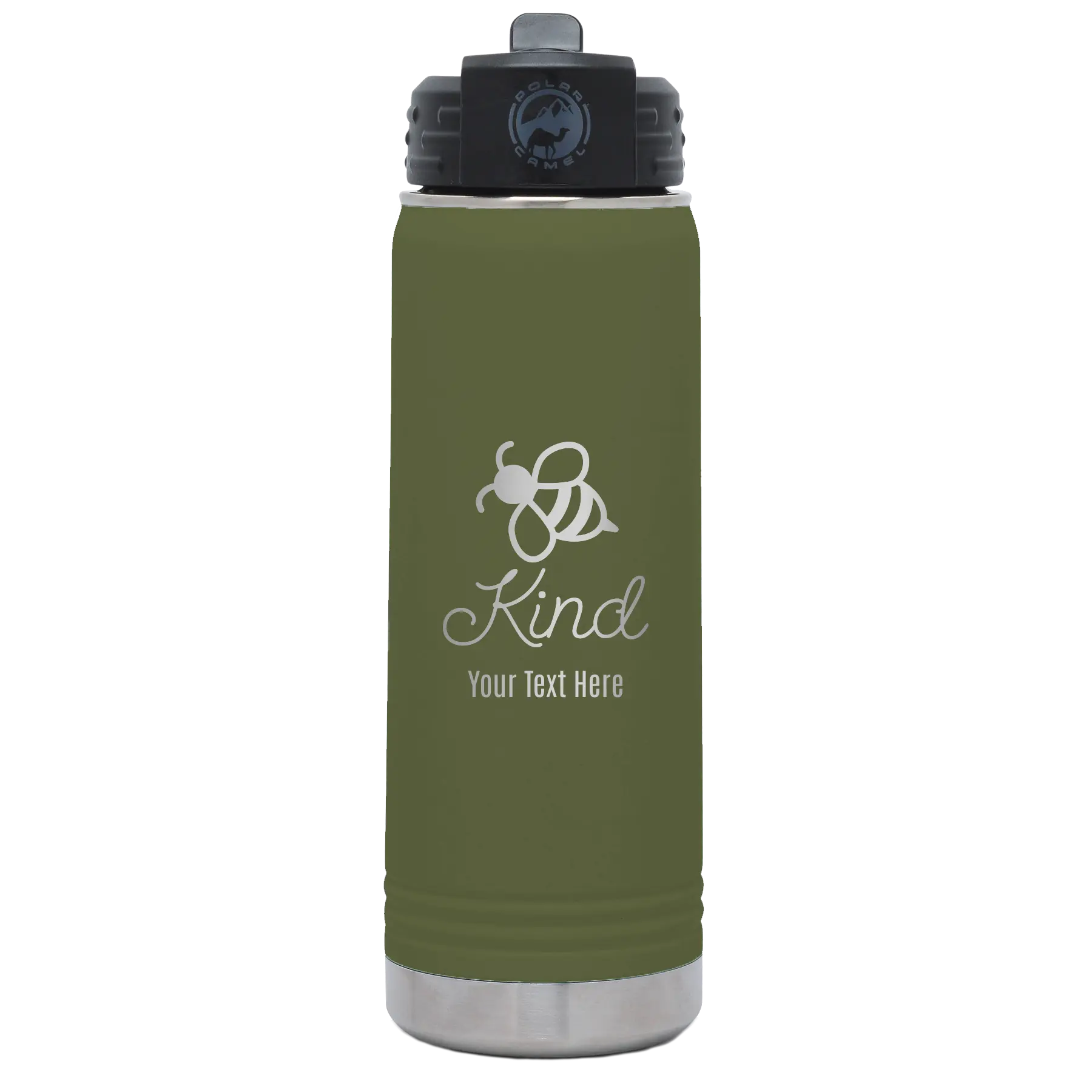 Personalized olive green 20 oz vacuum insulated water bottle with 'Bee Kind' design