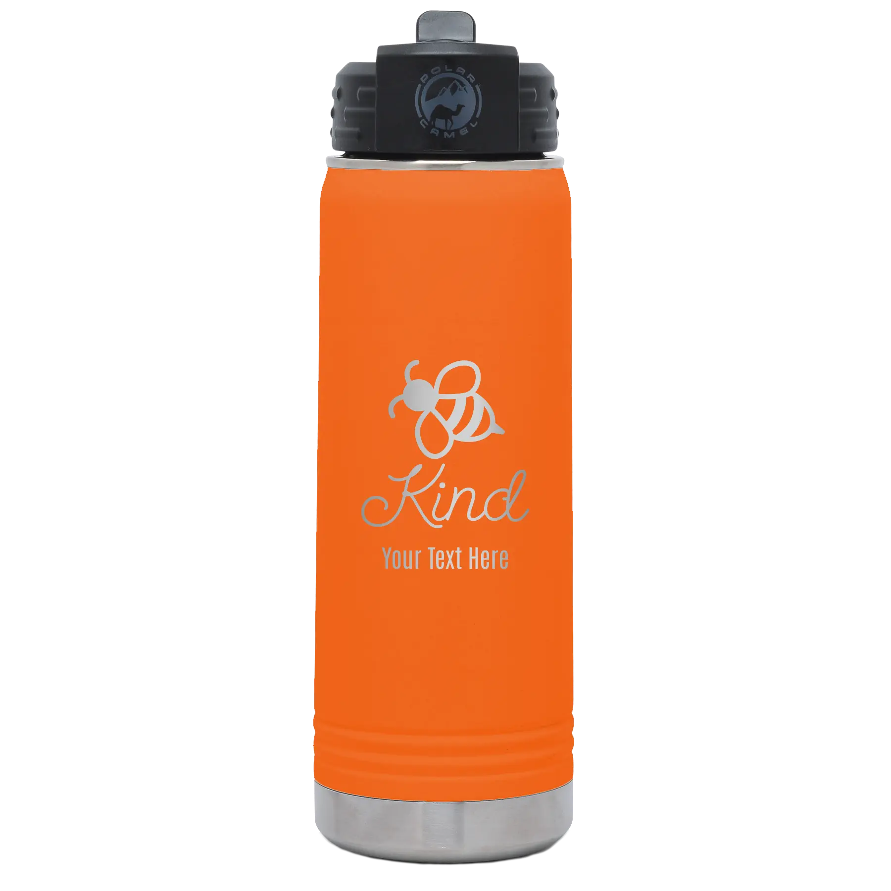 Personalized orange 20 oz vacuum insulated water bottle with 'Bee Kind' design
