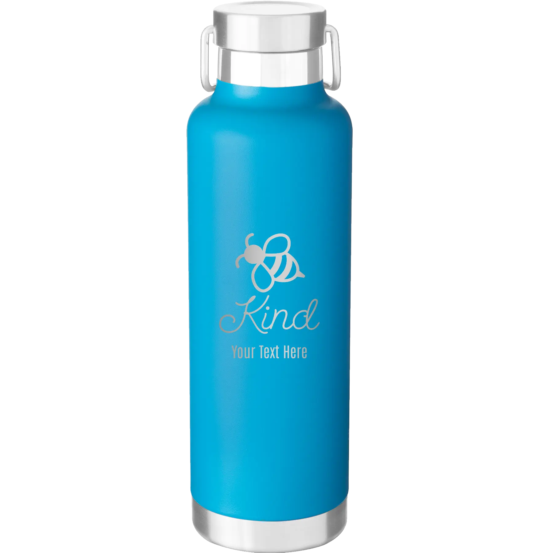 Personalized aqua 24 oz vacuum insulated water bottle with 'Bee Kind' design