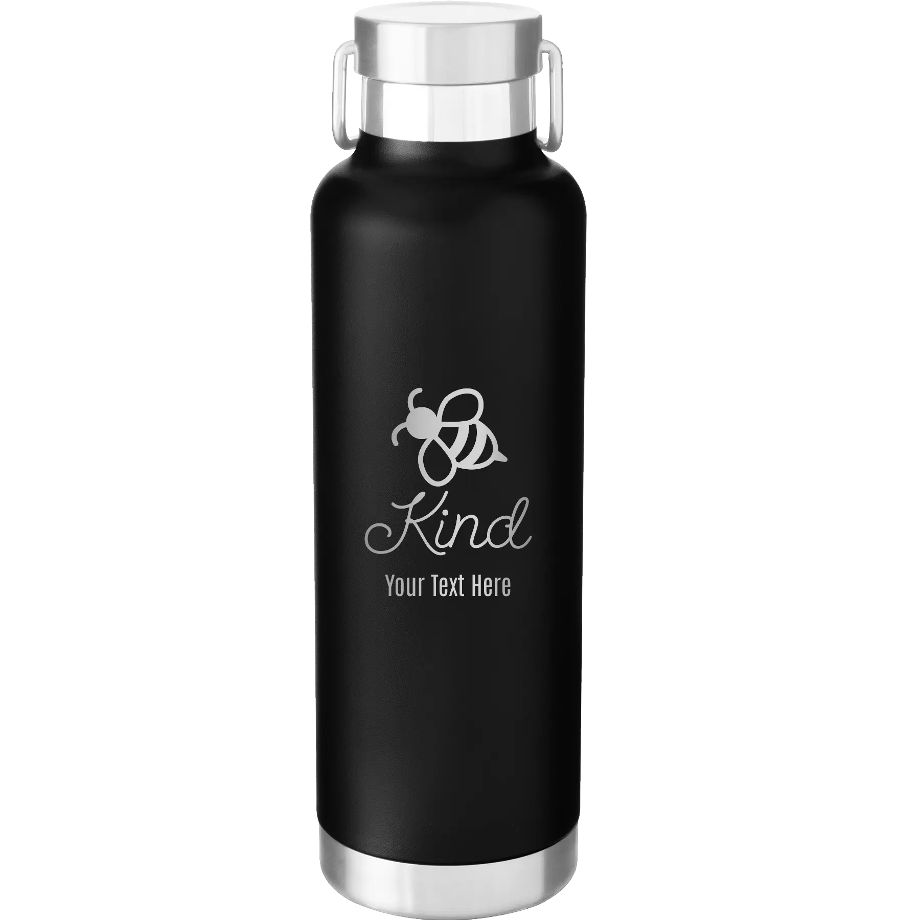 Personalized black 24 oz vacuum insulated water bottle with 'Bee Kind' design