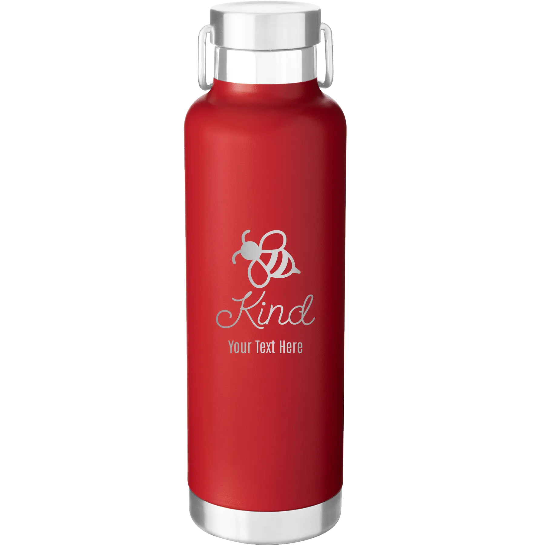 Personalized red 24 oz vacuum insulated water bottle with 'Bee Kind' design