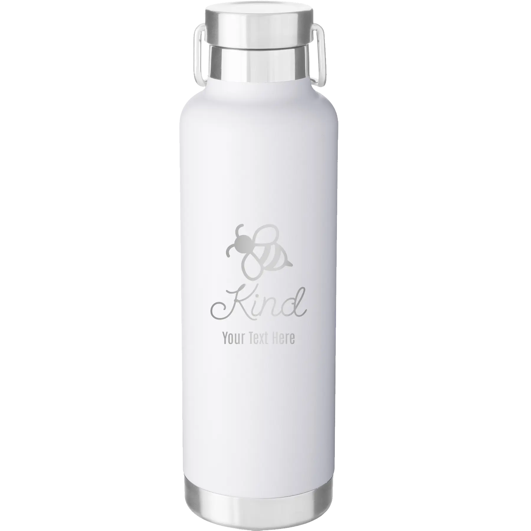 Personalized white 24 oz vacuum insulated water bottle with 'Bee Kind' design