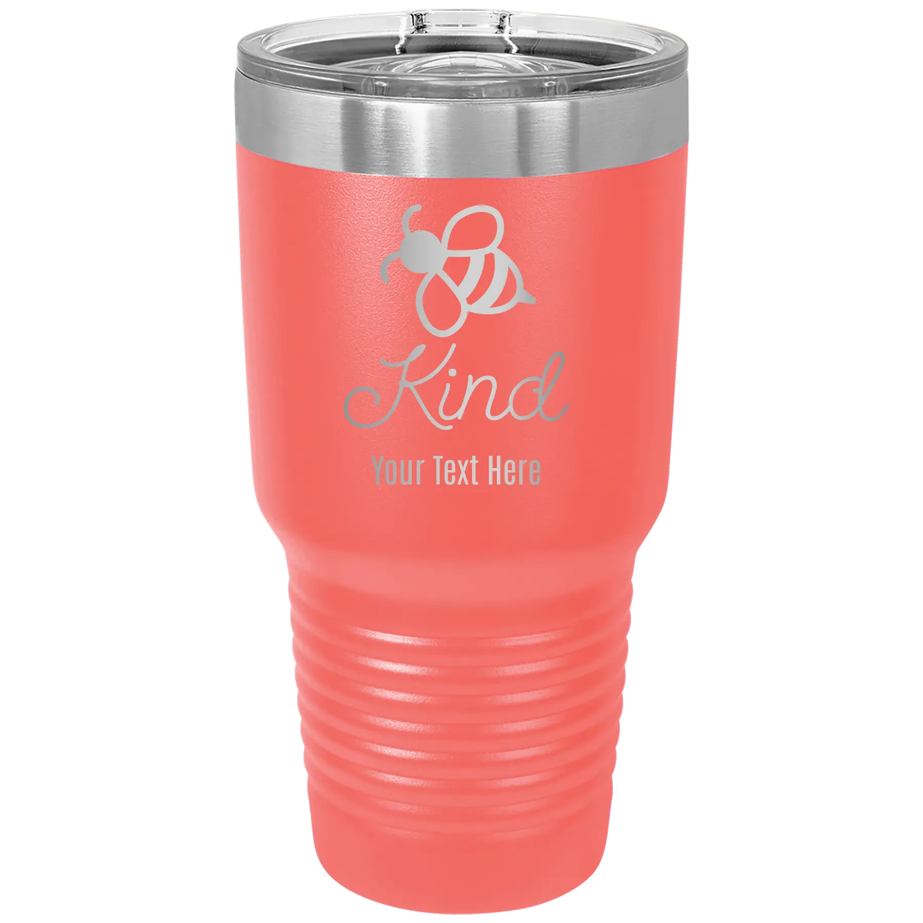 Personalized coral 30 oz vacuum insulated tumbler with 'Bee Kind' design