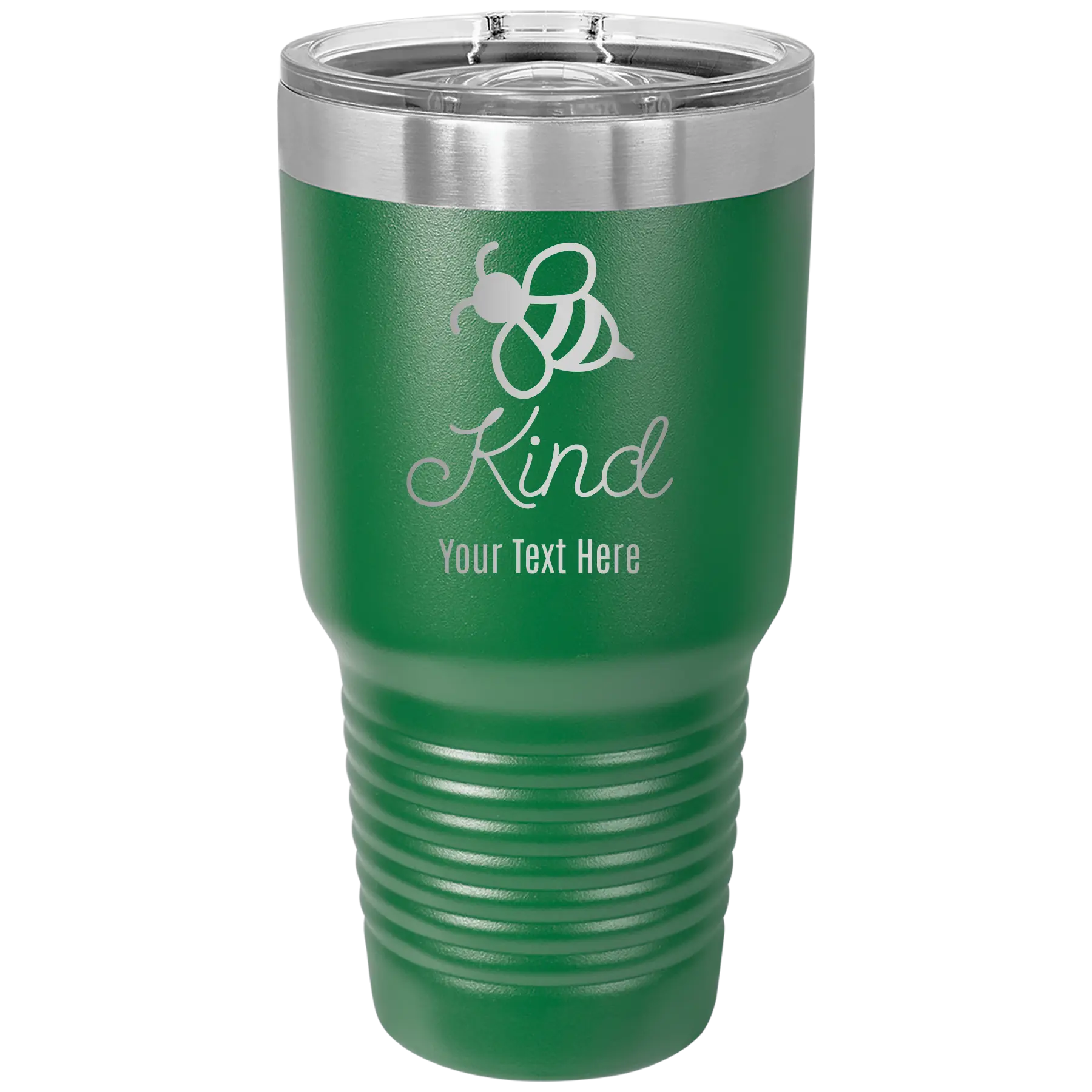 Personalized green 30 oz vacuum insulated tumbler with 'Bee Kind' design