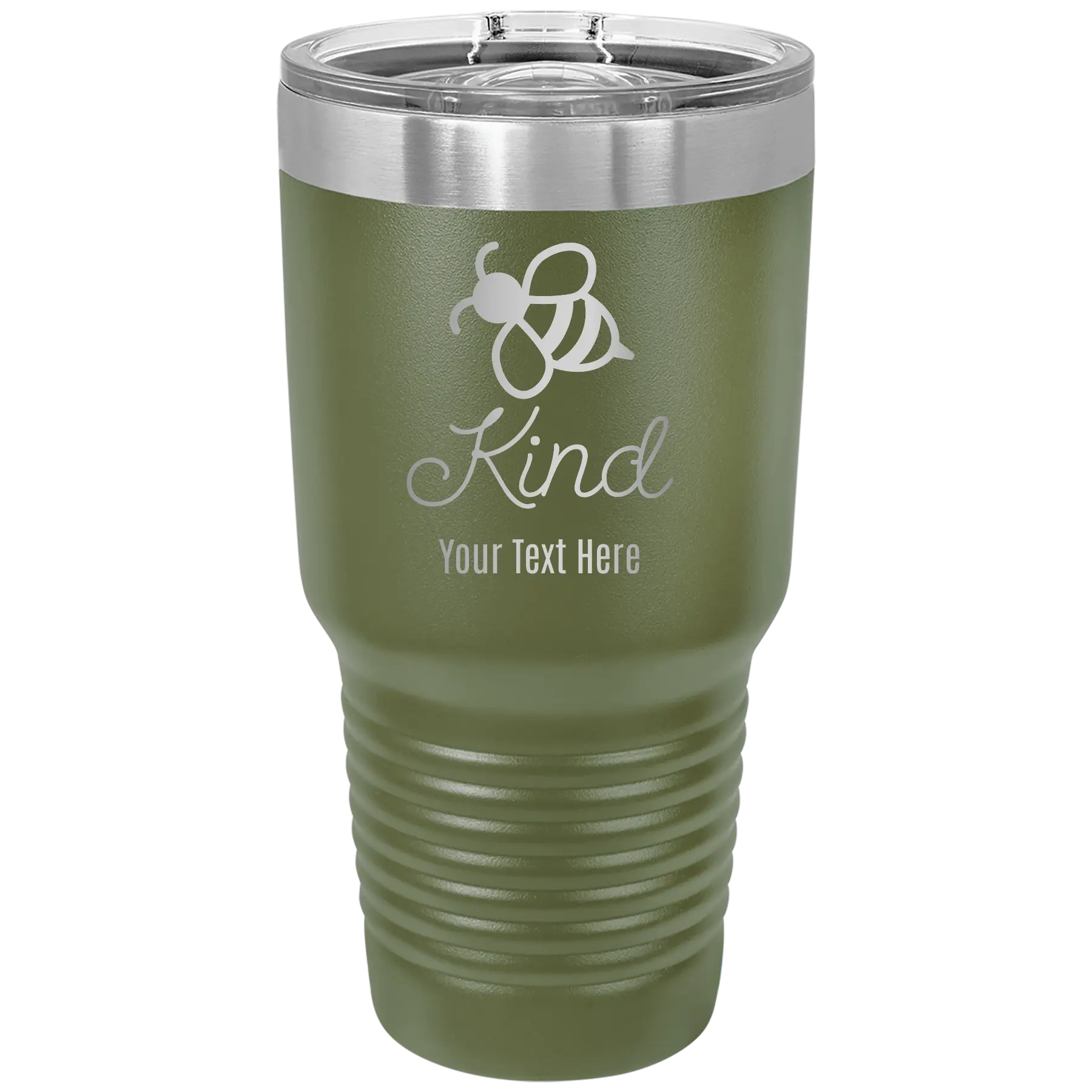 Personalized olive green 30 oz vacuum insulated tumbler with 'Bee Kind' design