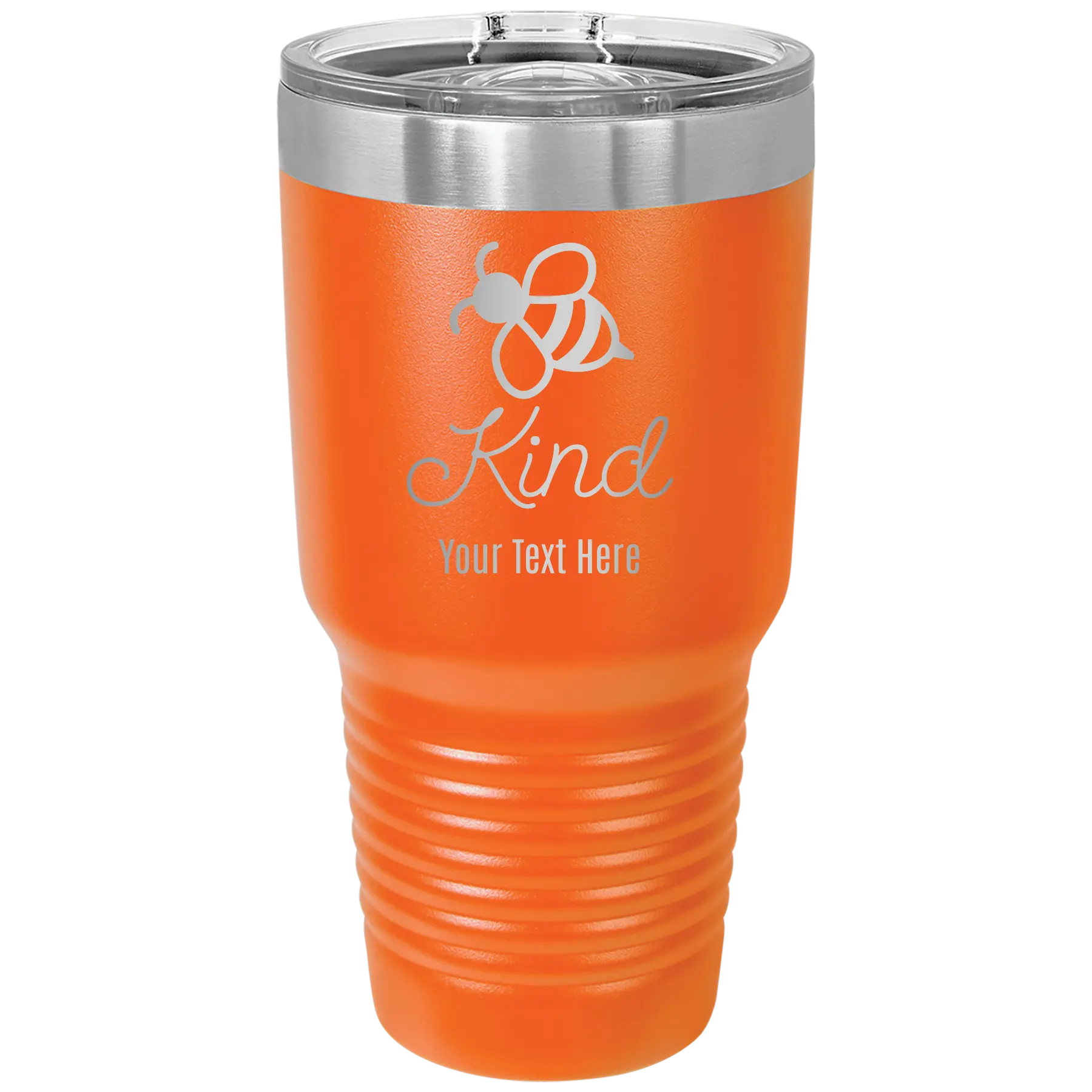 Personalized orange 30 oz vacuum insulated tumbler with 'Bee Kind' design