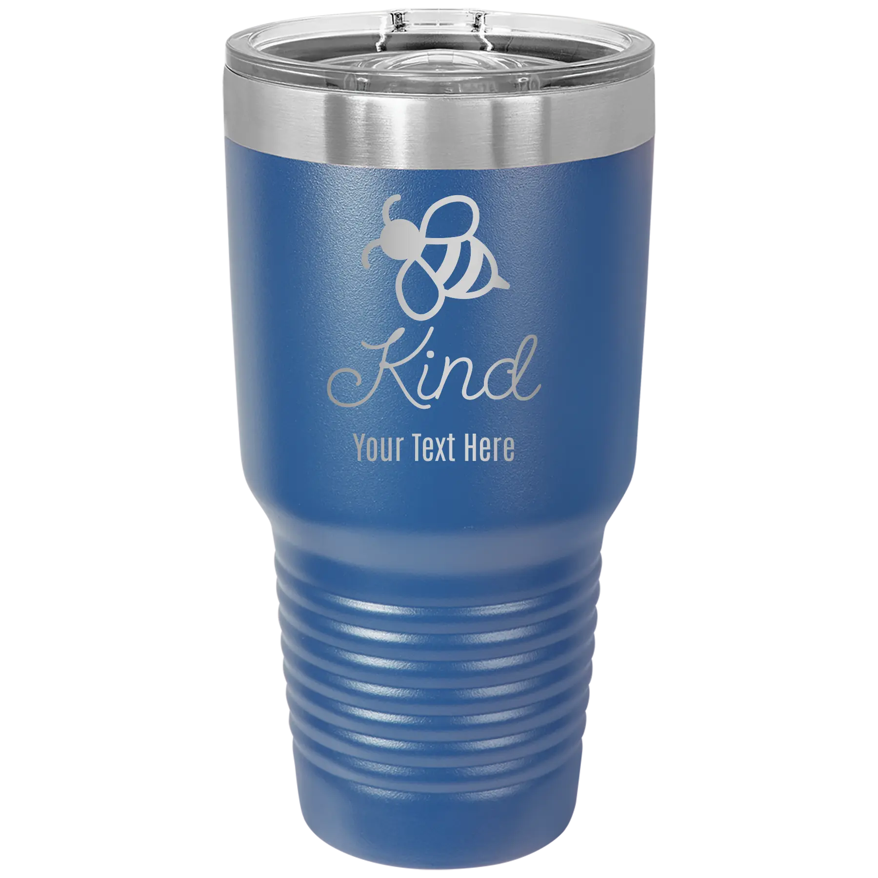Personalized royal blue 30 oz vacuum insulated tumbler with 'Bee Kind' design