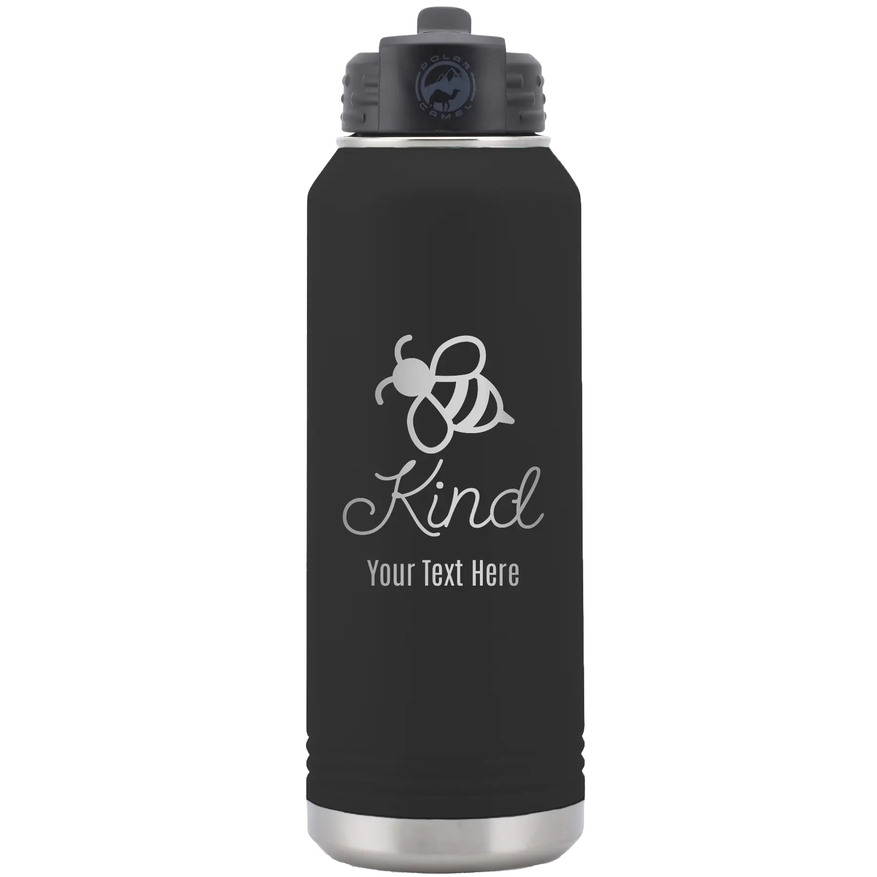 Personalized black 32 oz vacuum insulated water bottle with 'Bee Kind' design