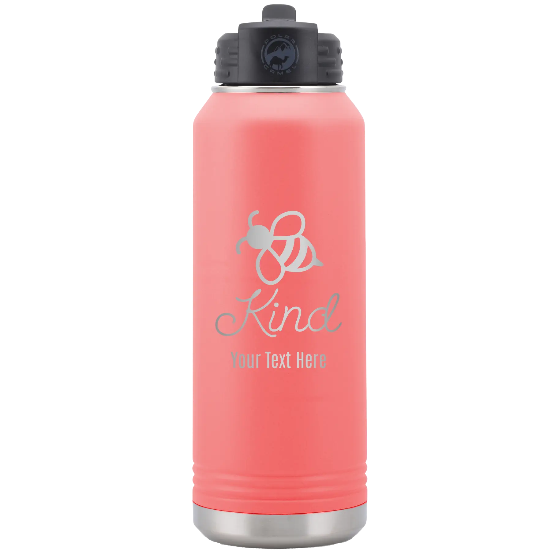 Personalized coral 32 oz vacuum insulated water bottle with 'Bee Kind' design