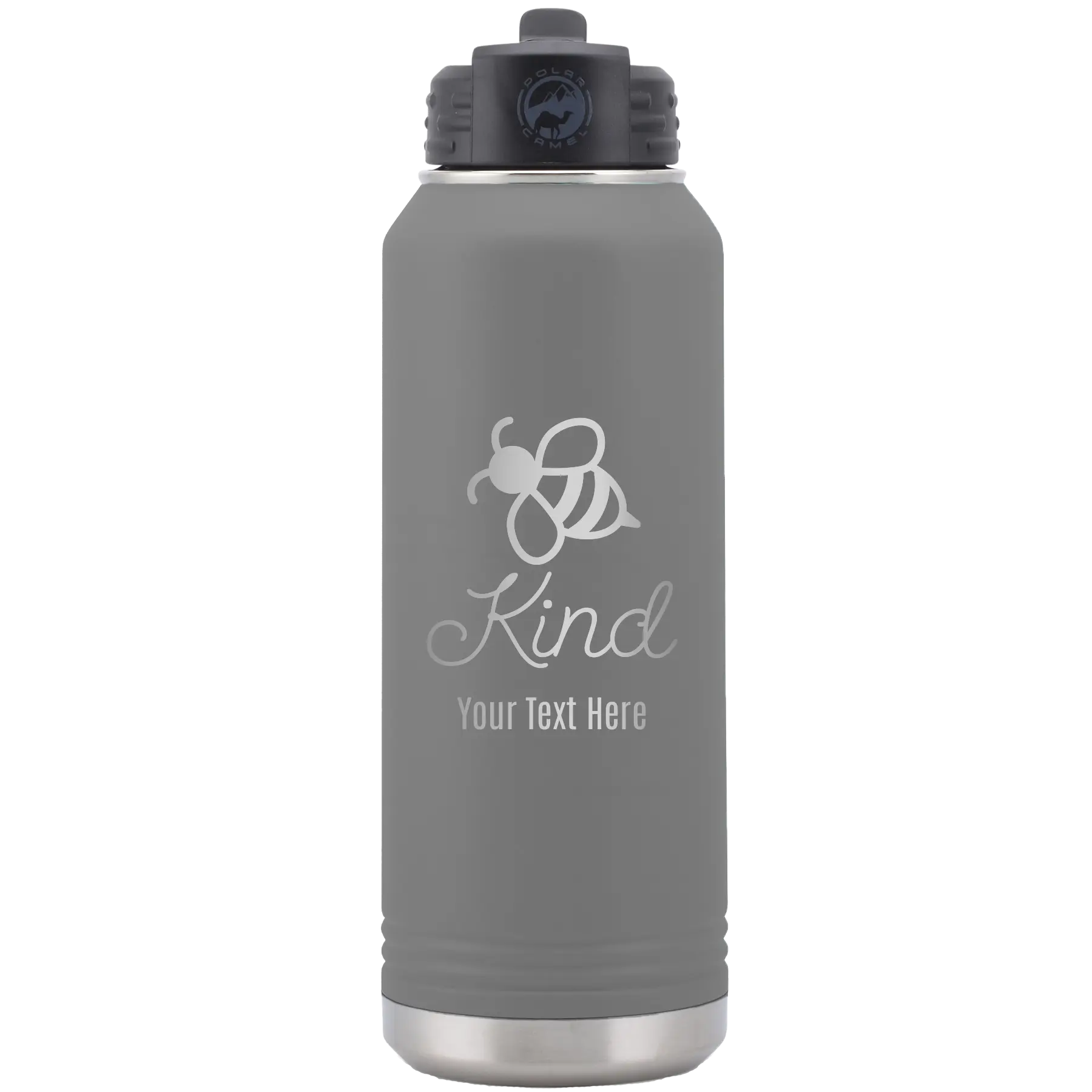 Personalized dark gray 32 oz vacuum insulated water bottle with 'Bee Kind' design