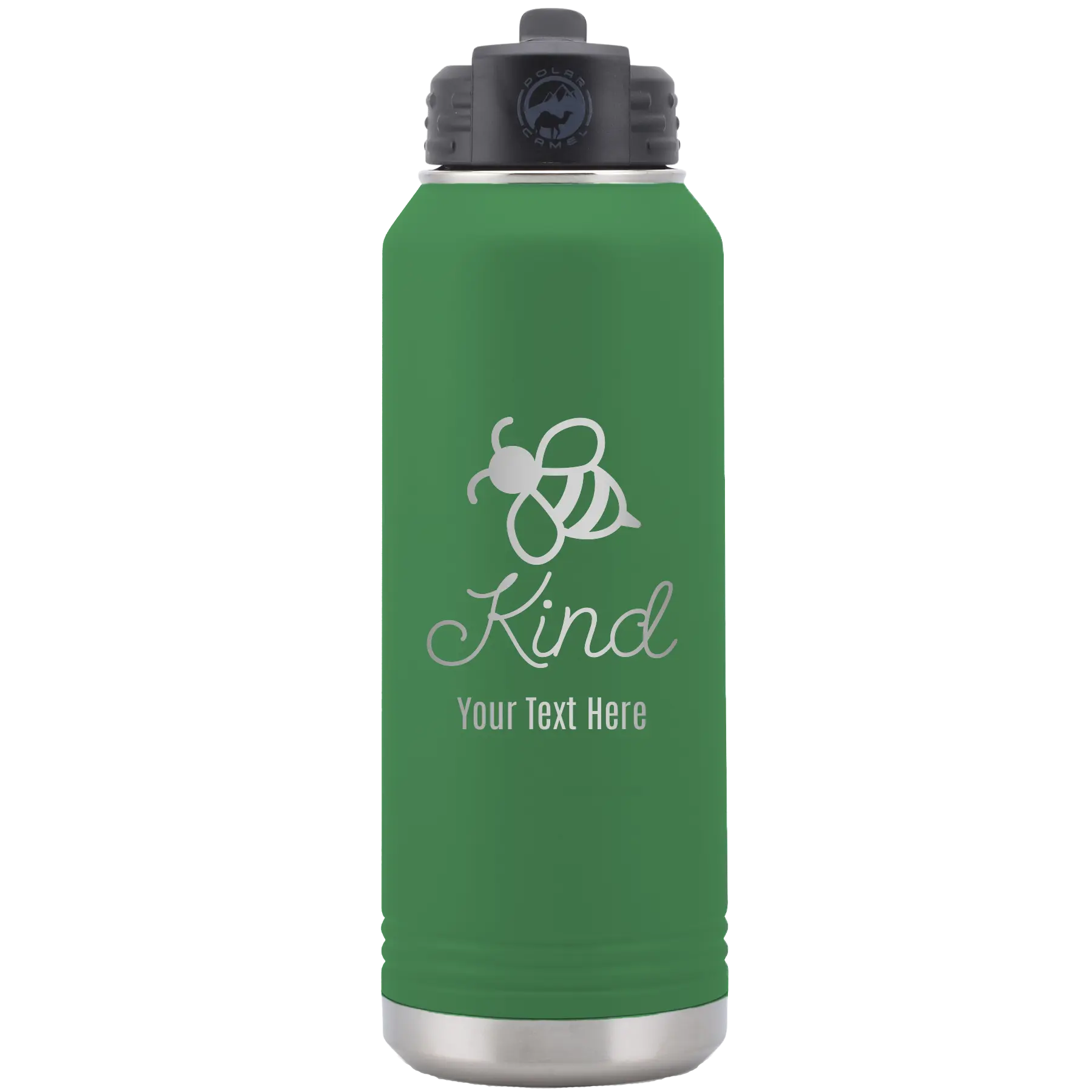 Personalized green 32 oz vacuum insulated water bottle with 'Bee Kind' design