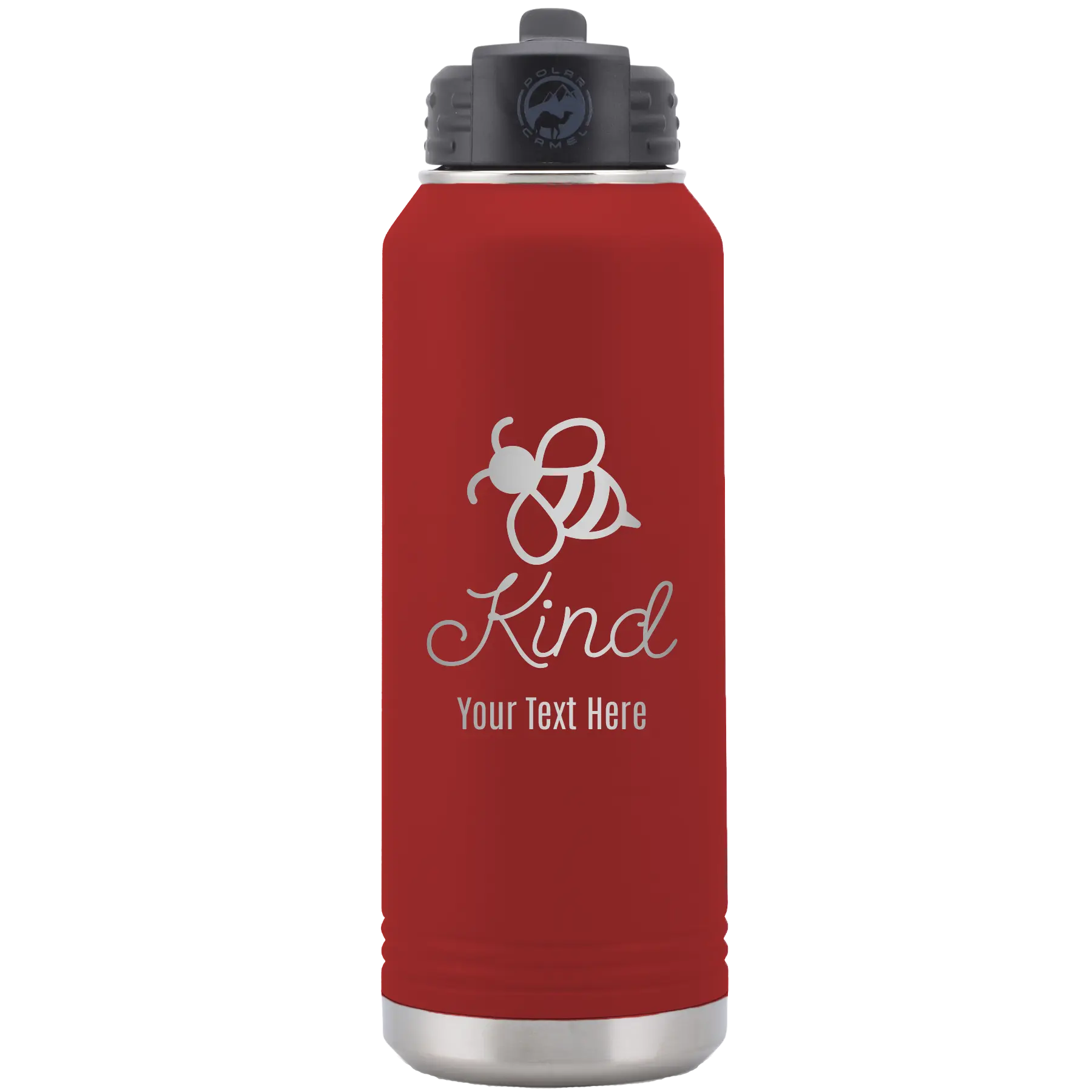 Personalized maroon 32 oz vacuum insulated water bottle with 'Bee Kind' design