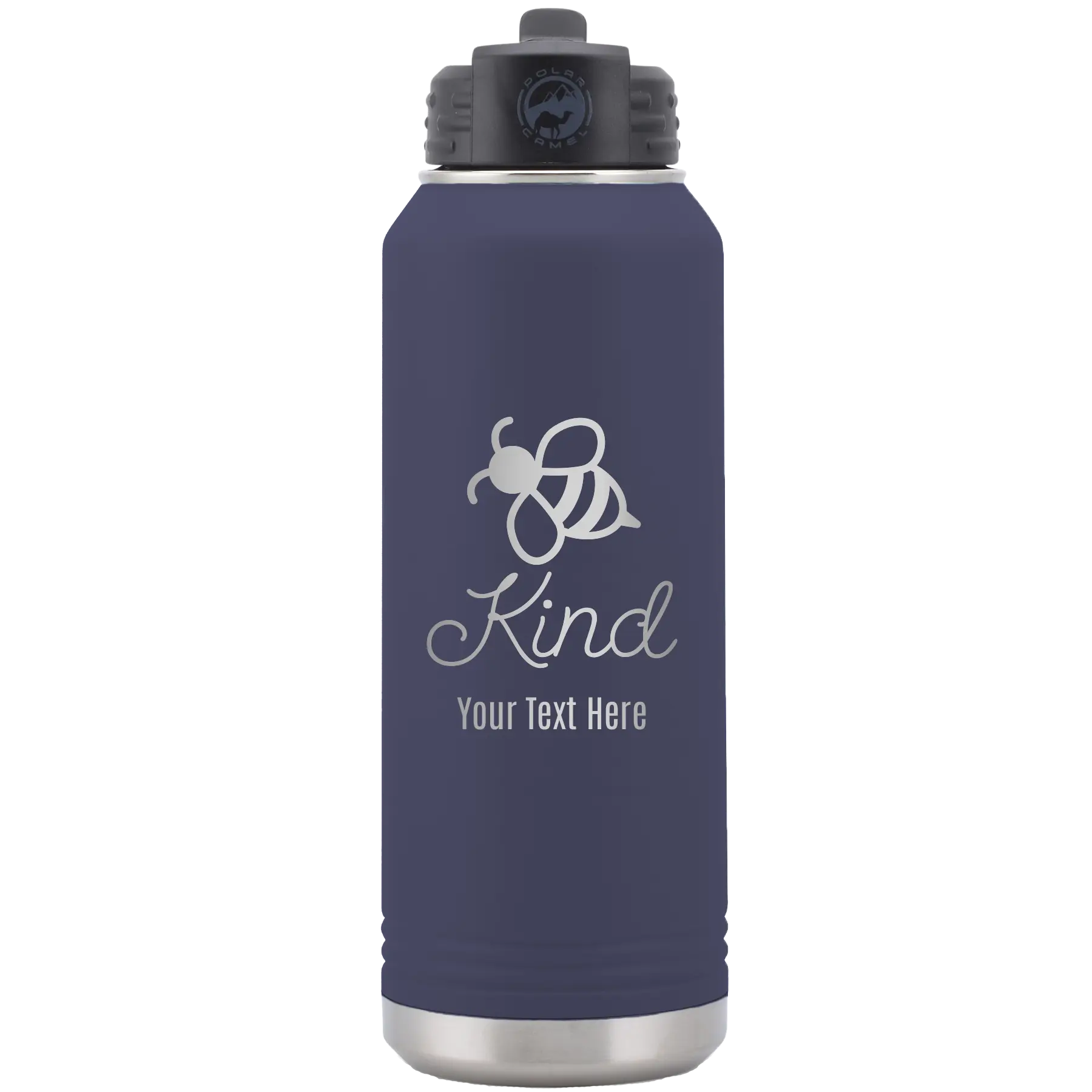 Personalized navy 32 oz vacuum insulated water bottle with 'Bee Kind' design