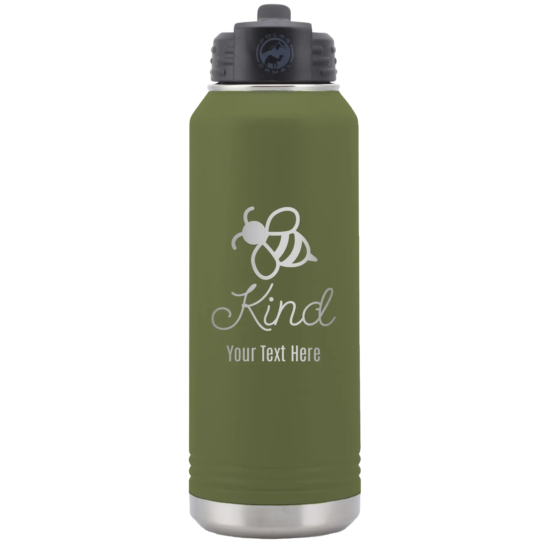 Personalized olive green 32 oz vacuum insulated water bottle with 'Bee Kind' design